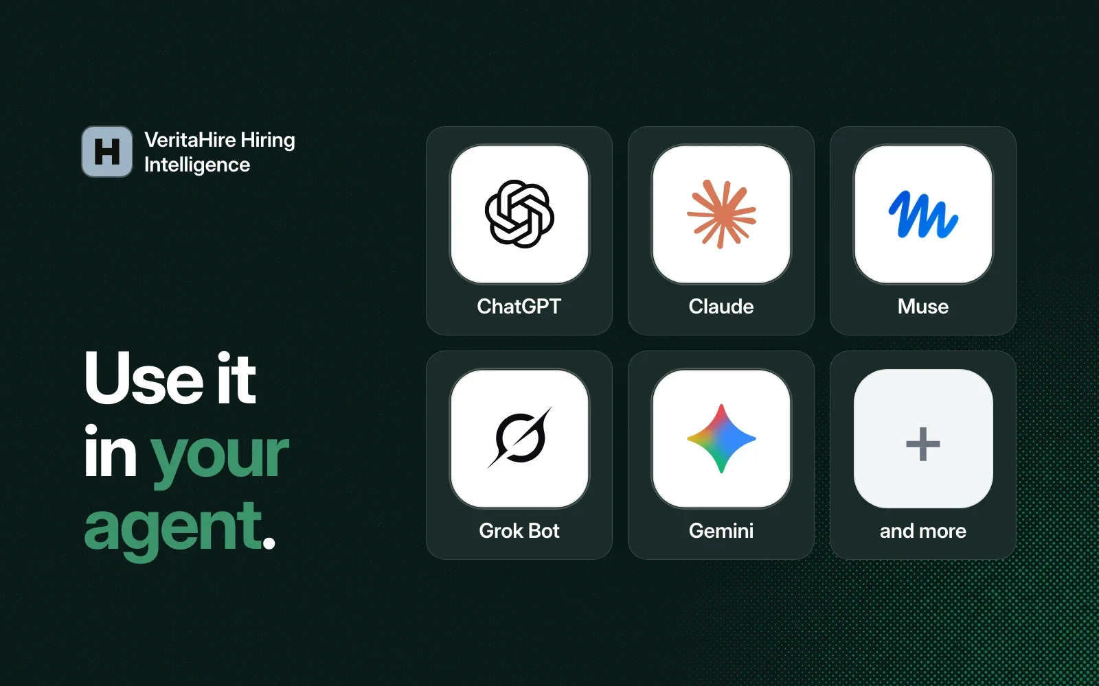 Use VeritaHire Hiring Intelligence in your agent: ChatGPT, Claude, Muse, Grok Bot, Gemini and more.