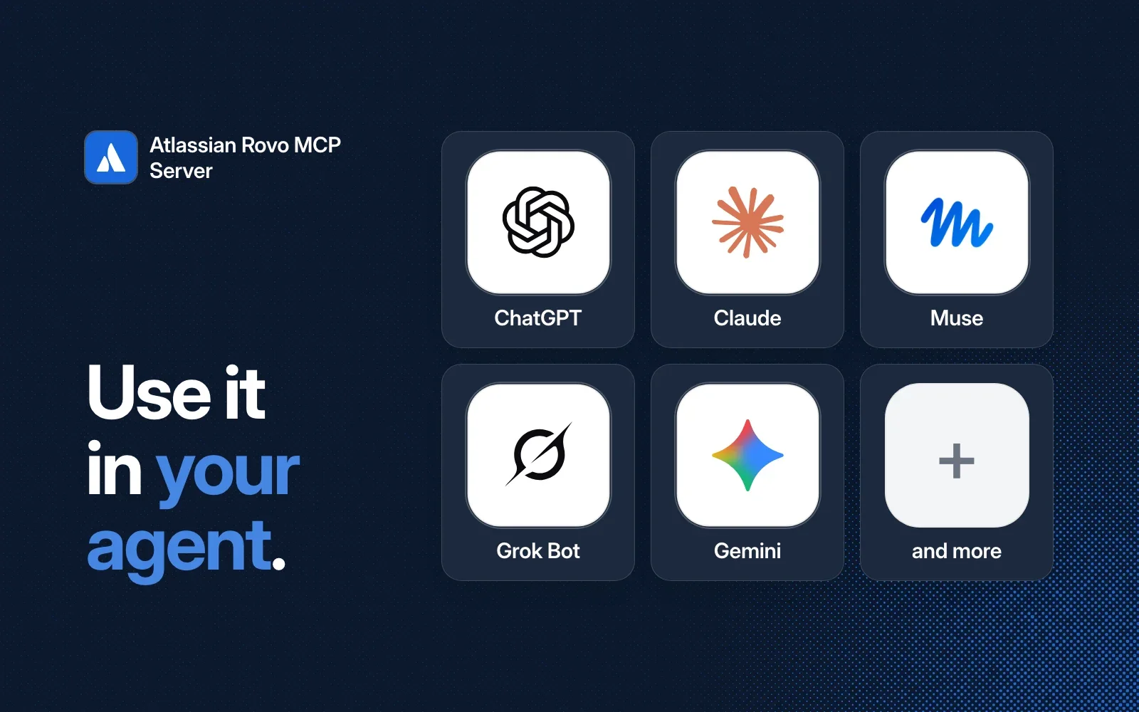 Use it in your agent: ChatGPT, Claude, Muse, Grok Bot, Gemini and more.
