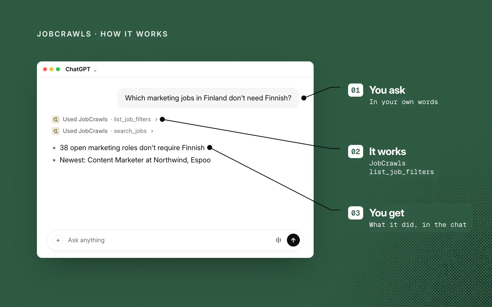 How it works, with an example: you ask in your own words, JobCrawls' list_job_filters tool runs, and you get the answer in the chat.