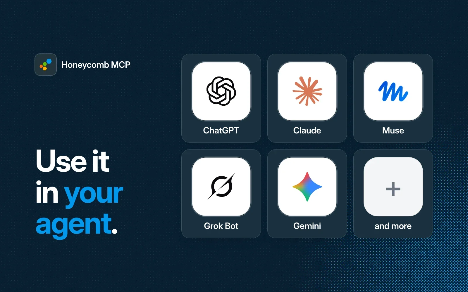 Honeycomb MCP works in ChatGPT, Claude, Muse, Grok Bot, Gemini and more agents.