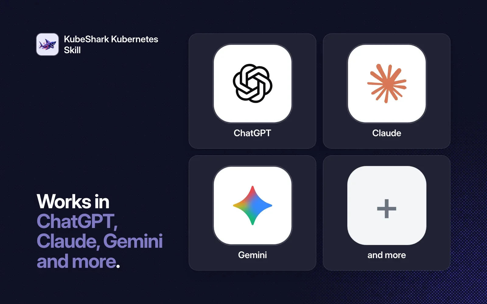 Works in ChatGPT, Claude, Gemini and more, shown as agent tiles beside the KubeShark icon on a dark background.