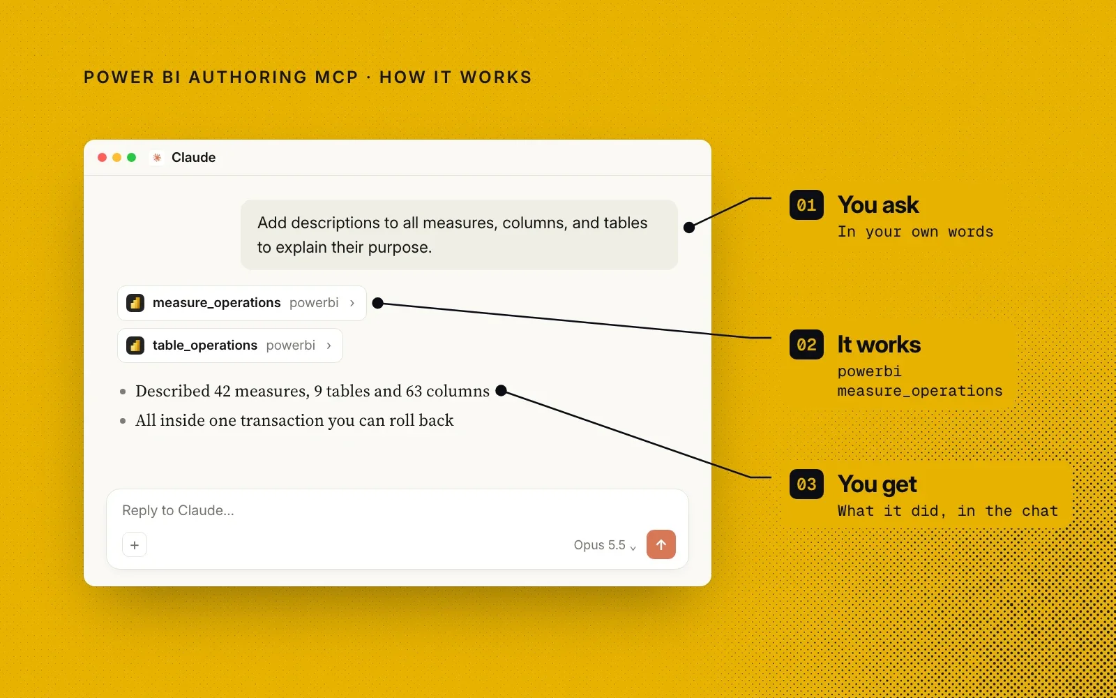 How it works, in an example: you ask in your own words, it calls its measure and table tools, and you see what it did in the chat.