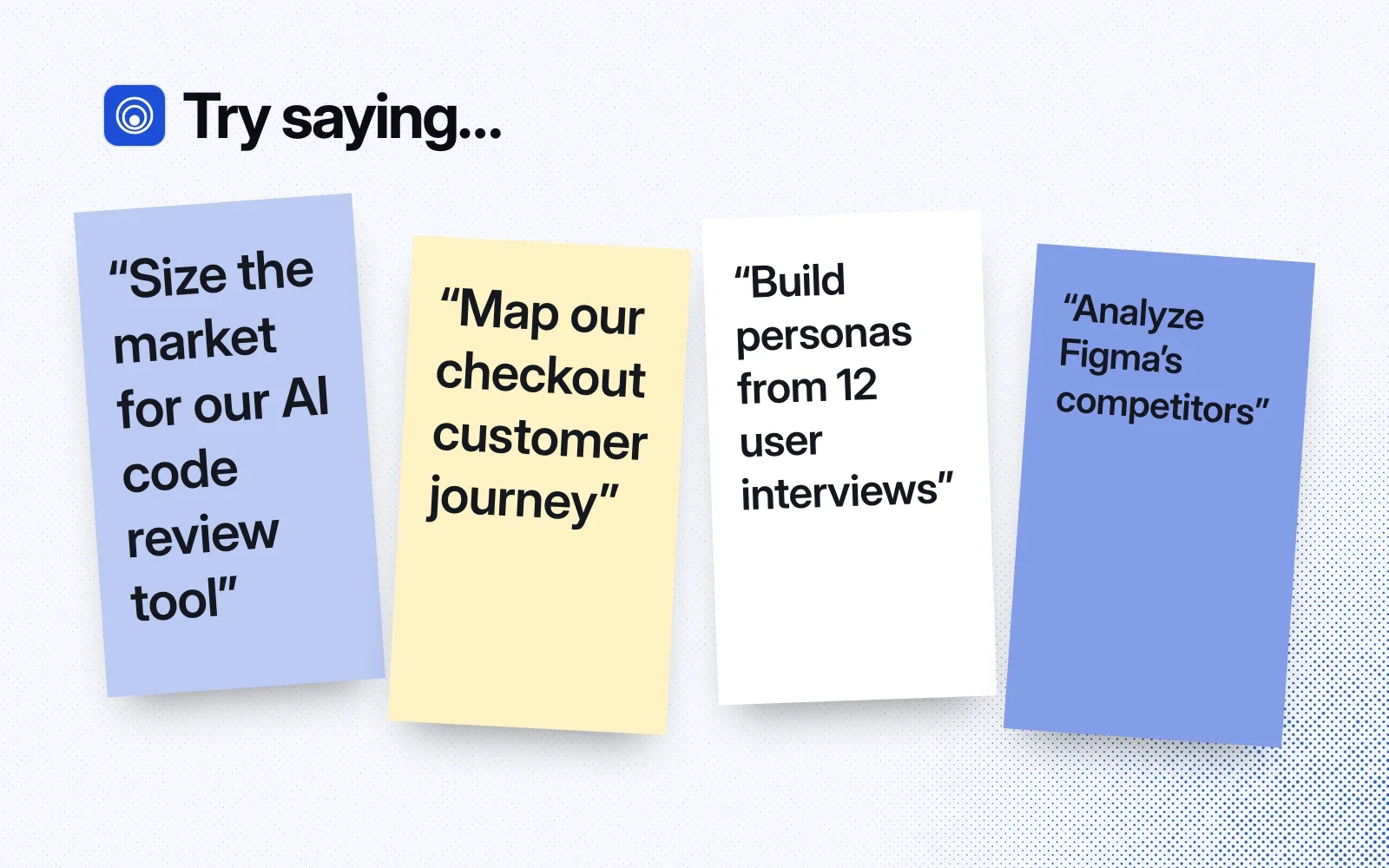 Things to try, on sticky notes: size the market for an AI code review tool, map the checkout customer journey, build personas from 12 interviews, analyze Figma's competitors.