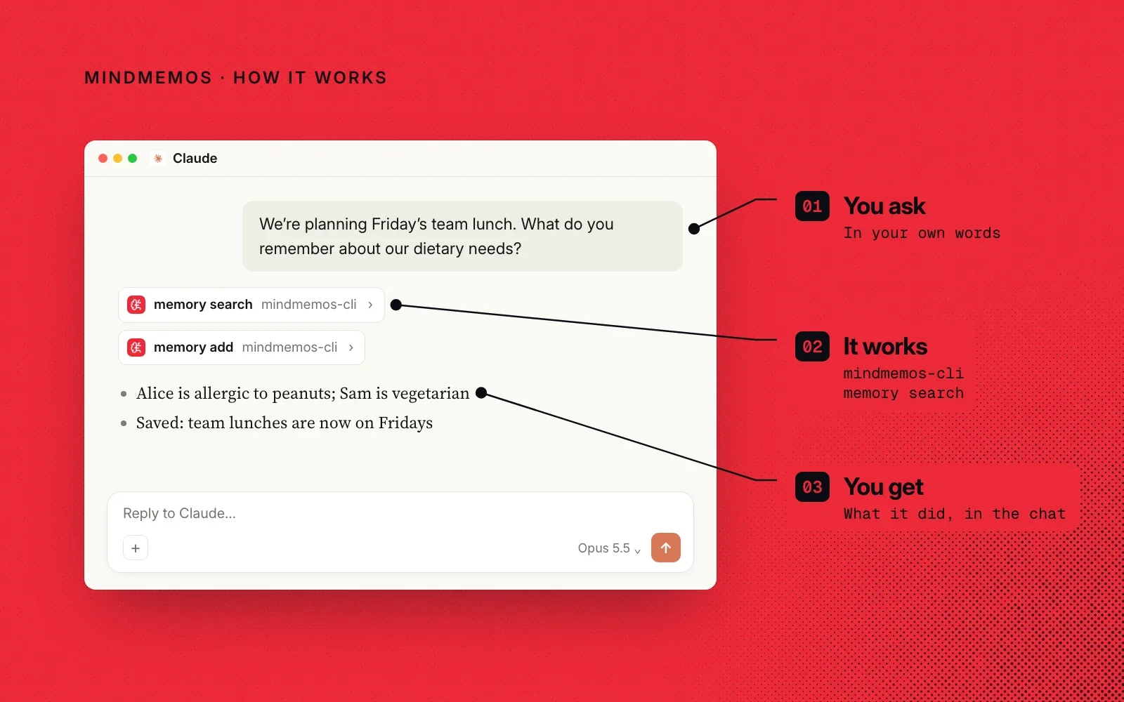 How it works: you ask in your own words, the mindmemos-cli skill searches your MindMemOS memory, and you see what it recalled in the chat.