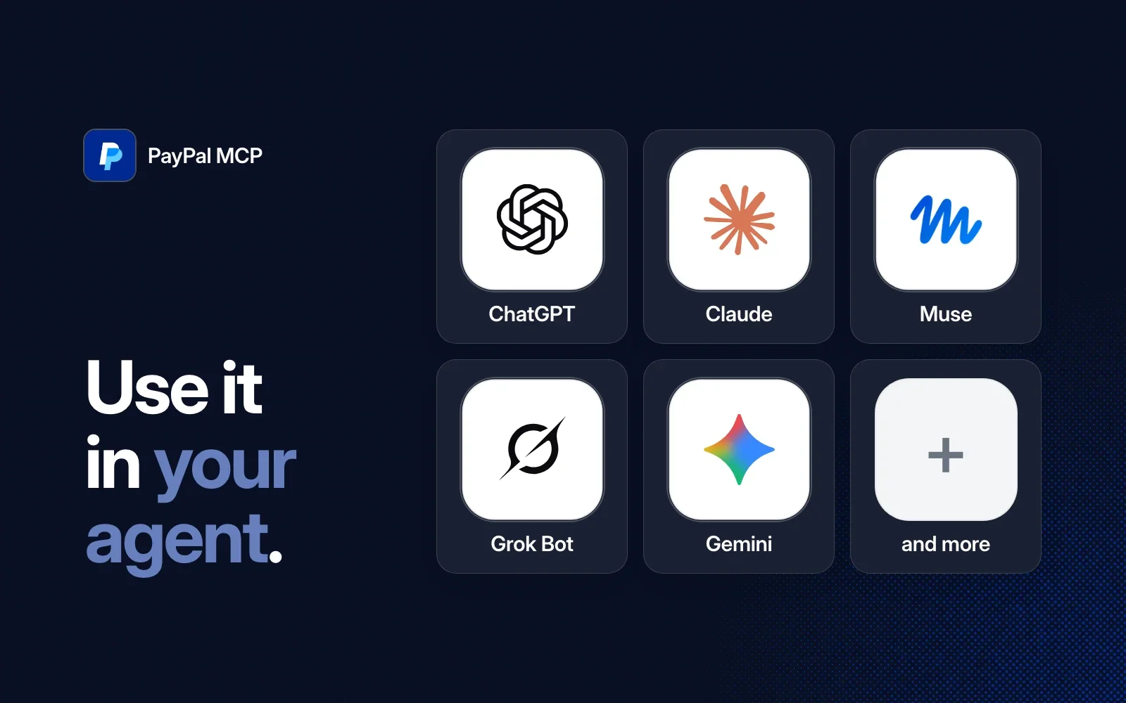 Use it in your agent: ChatGPT, Claude, Muse, Grok Bot, Gemini and more.