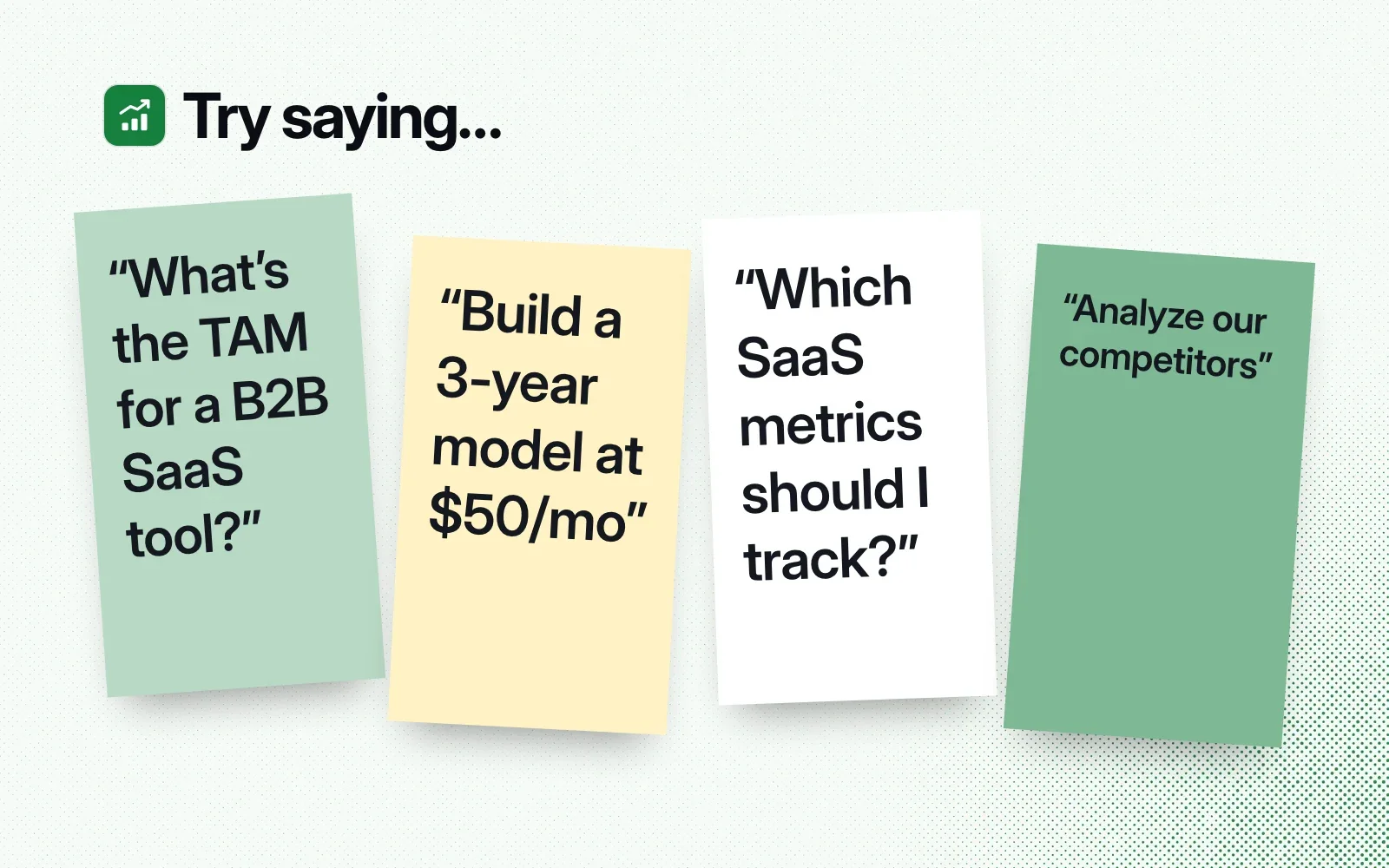 Things to ask it, on sticky notes: the TAM for a B2B SaaS tool, a 3-year model at $50 a month, which SaaS metrics to track, analyze our competitors.