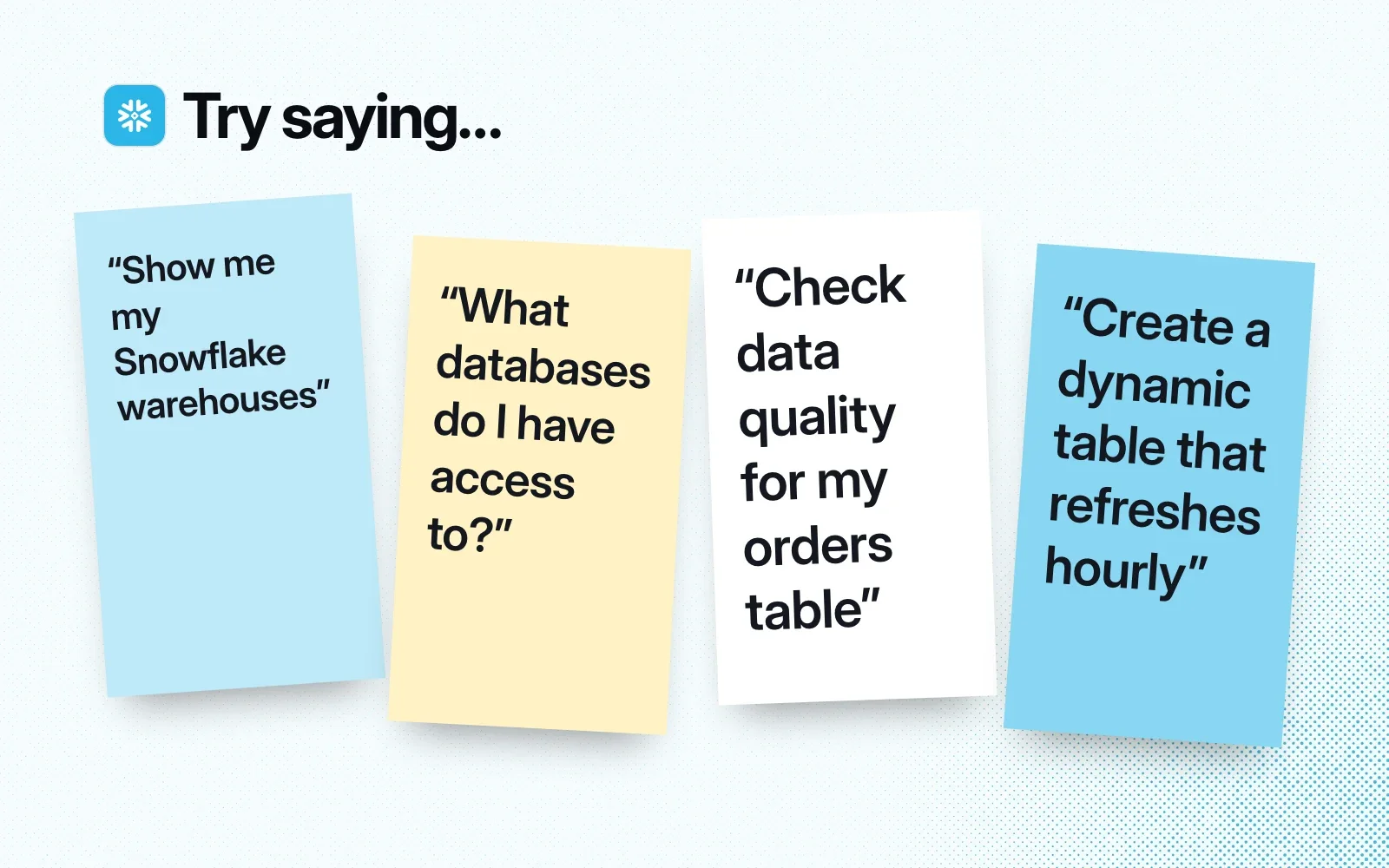 Sticky notes with things to ask it: show my Snowflake warehouses, which databases I can access, check data quality, create an hourly dynamic table.