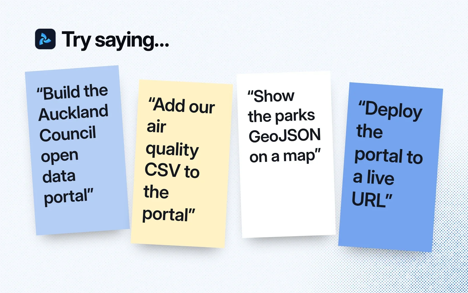 Things to ask it, on sticky notes: build the Auckland Council open data portal, add an air quality CSV, show the parks GeoJSON on a map, deploy the portal to a live URL.