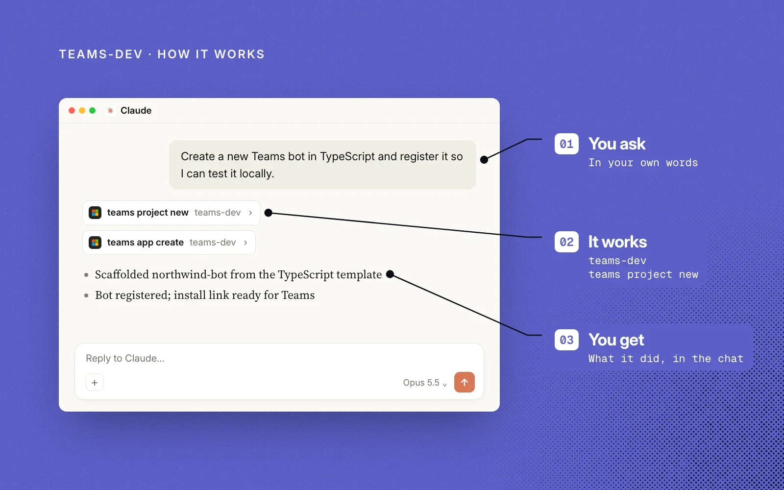 How it works: you ask in your own words, teams-dev runs the Teams Developer CLI, and you see what it did in the chat.