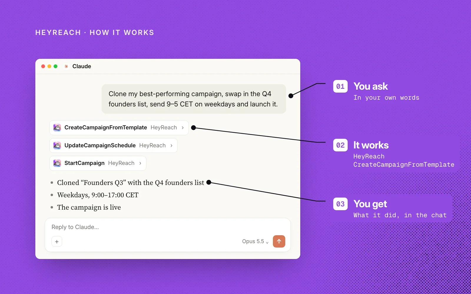 How it works, shown on an example chat in Claude: you ask in your own words, HeyReach's campaign tools run, and you get the cloned, scheduled campaign in the chat.