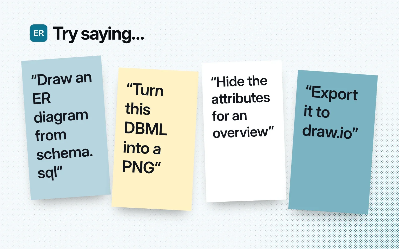 Try saying: sticky notes asking to draw an ER diagram from schema.sql, turn DBML into a PNG, hide attributes for an overview and export to draw.io.
