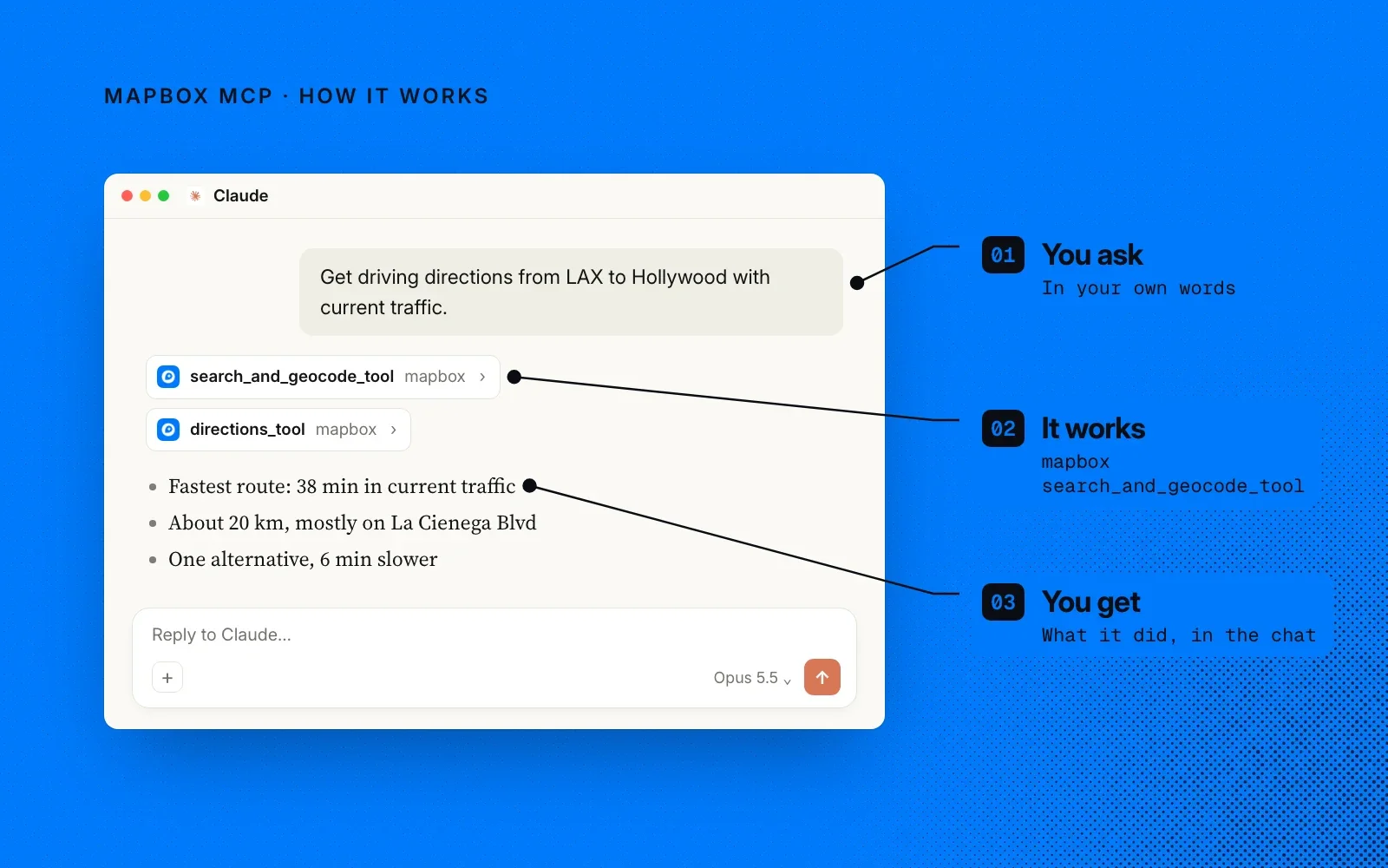 How it works: you ask in your own words, Mapbox MCP calls its search and directions tools, and you get the route in the chat. An example.