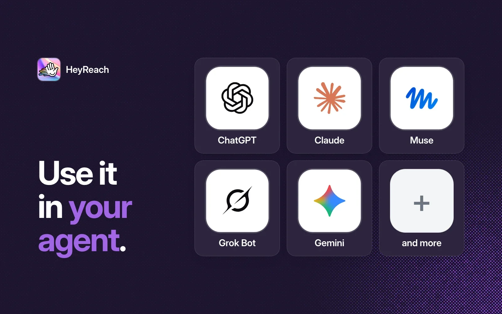 Use it in your agent: ChatGPT, Claude, Muse, Grok Bot, Gemini and more.