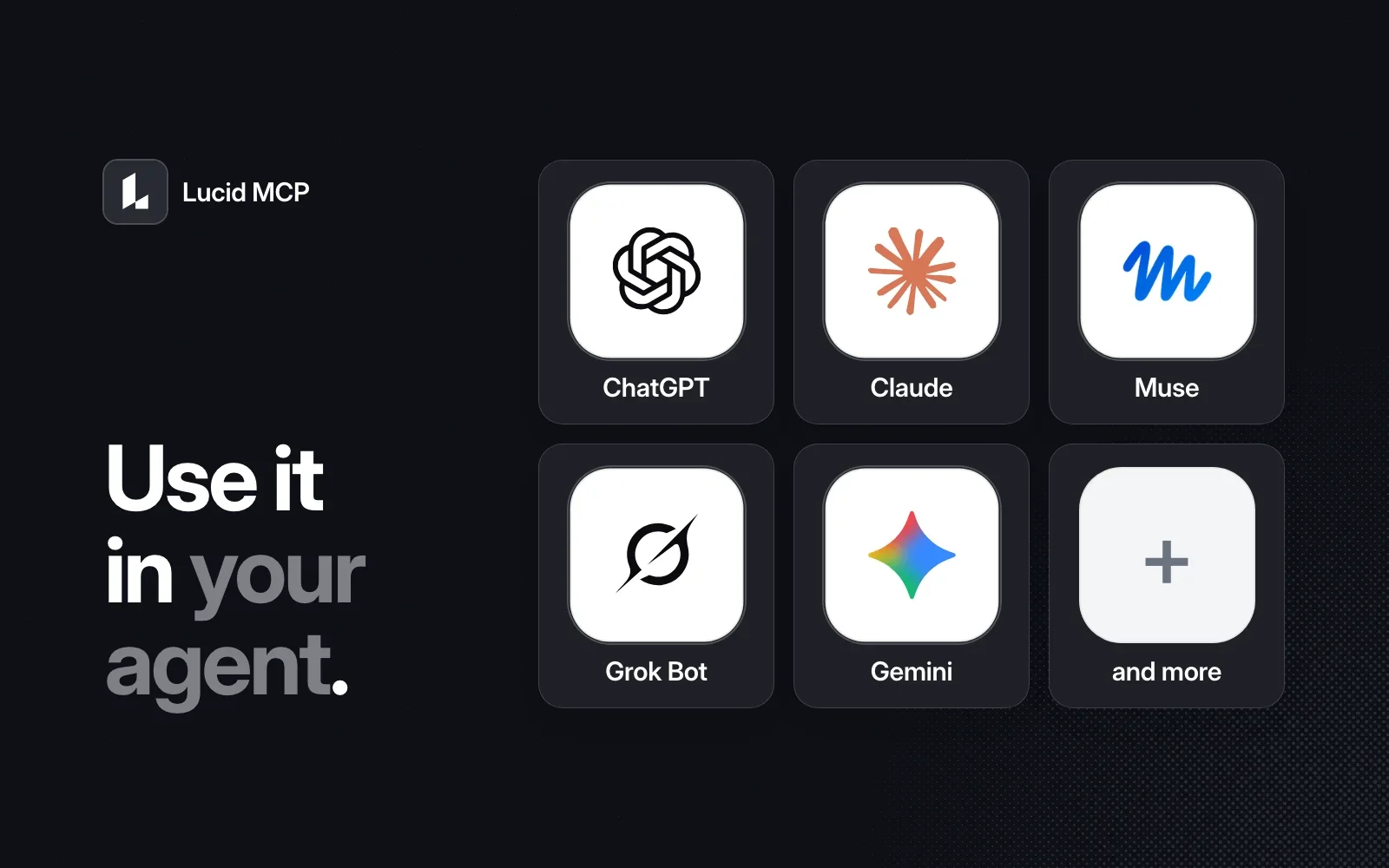 Use it in your agent: ChatGPT, Claude, Muse, Grok Bot, Gemini and more.