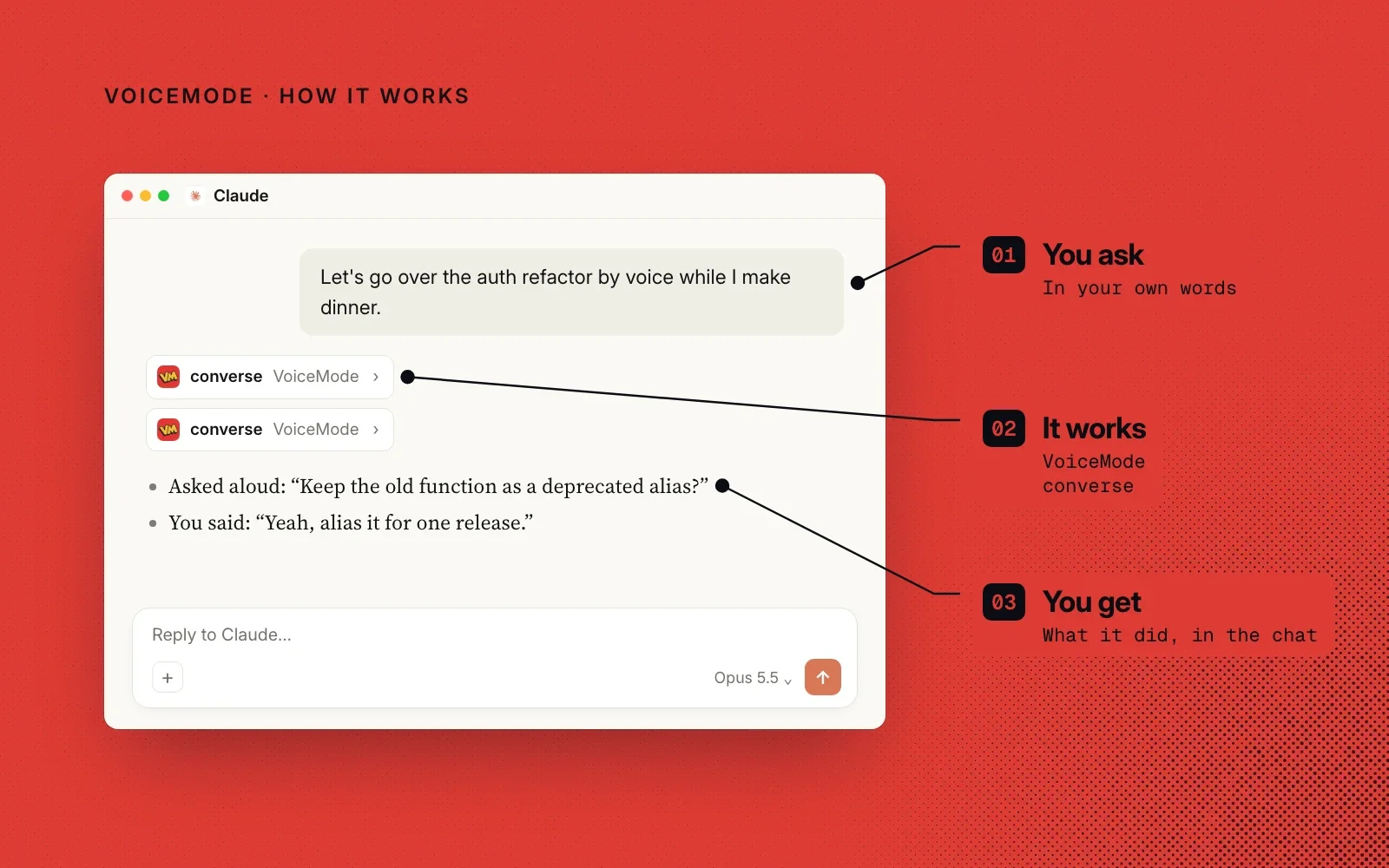 How it works, with an example in Claude: you ask in your own words, VoiceMode's converse tool speaks and listens, and you see the exchange in the chat.
