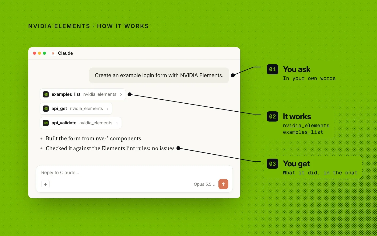 How it works, on an example chat: you ask in your own words, the NVIDIA Elements tools run, and you get what it did in the chat.