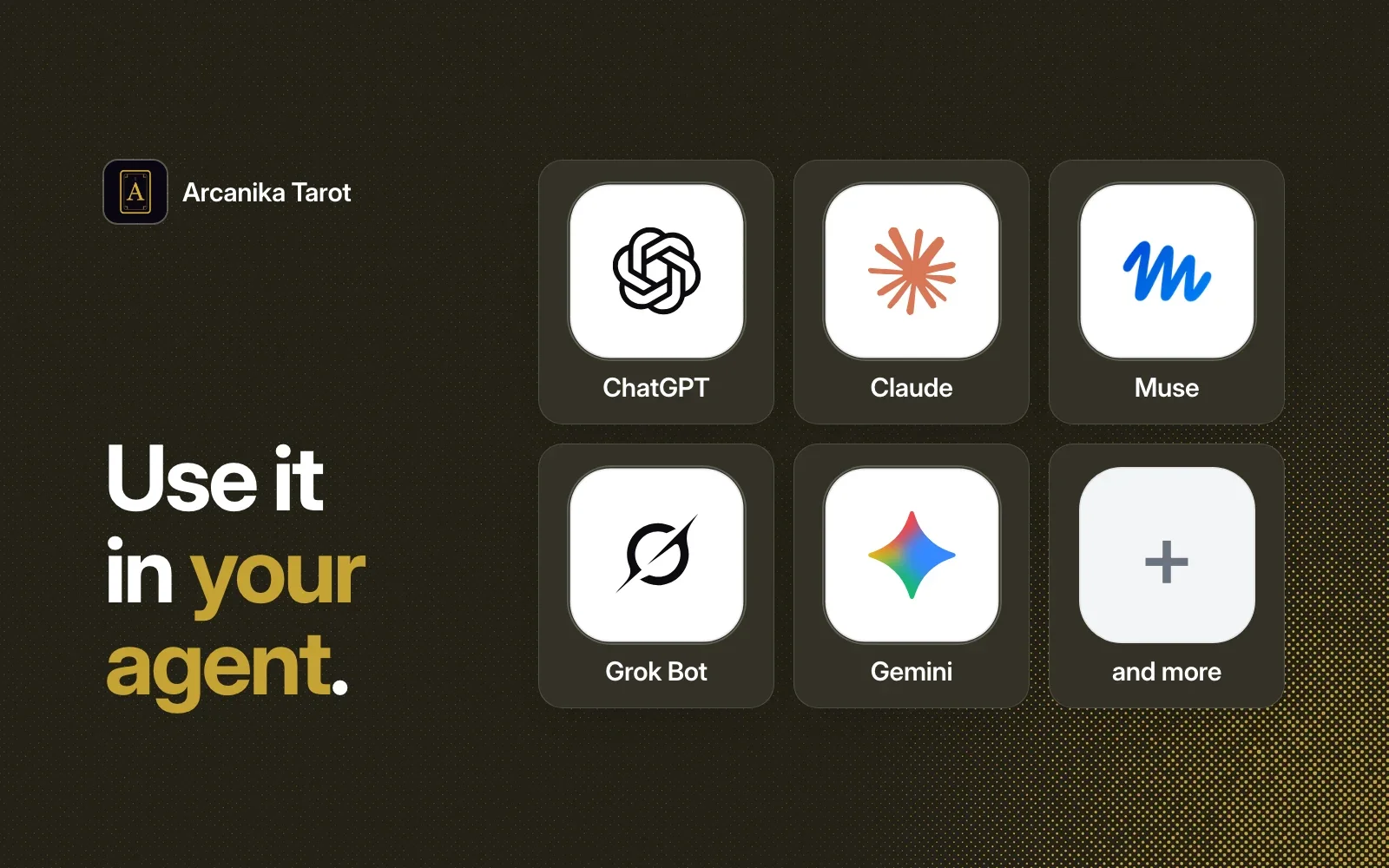Use it in your agent: ChatGPT, Claude, Muse, Grok Bot, Gemini and more.