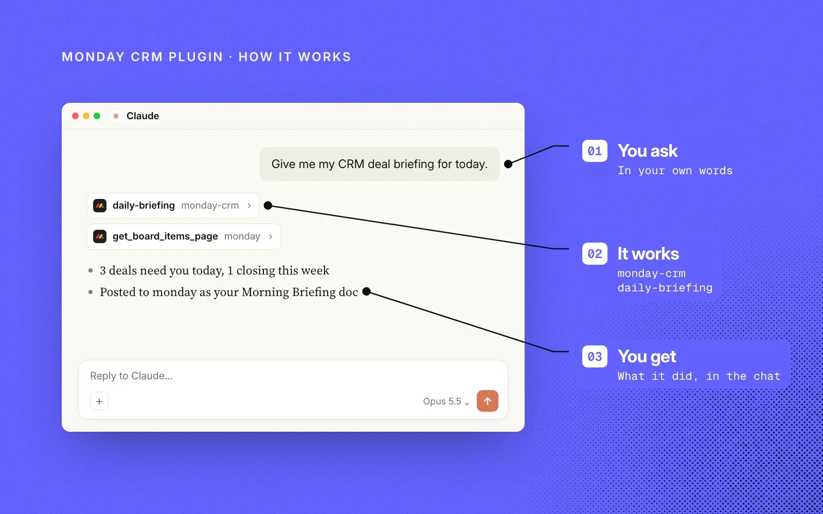 How it works: you ask in your own words, the monday CRM plugin runs its daily-briefing skill, and you get what it did in the chat. An example.