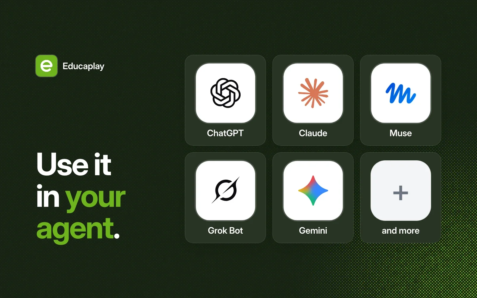 Use it in your agent: ChatGPT, Claude, Muse, Grok Bot, Gemini and more.