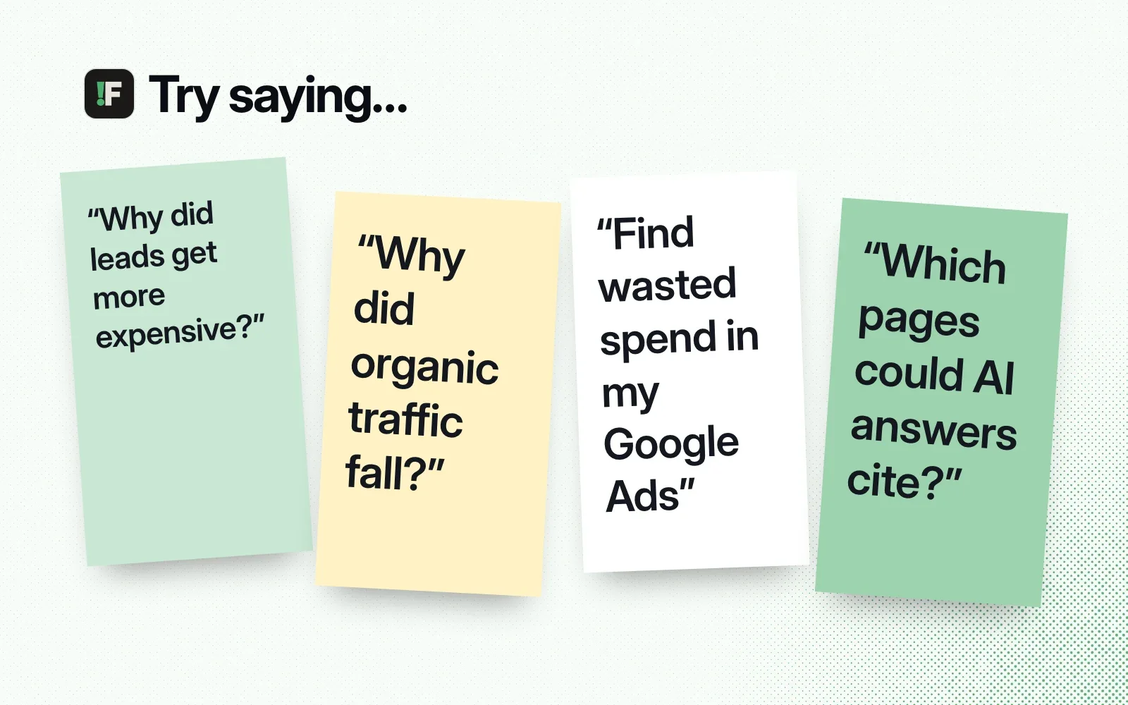 Things to ask it, on sticky notes: why leads got more expensive, why organic traffic fell, find wasted Google Ads spend, which pages AI answers could cite.