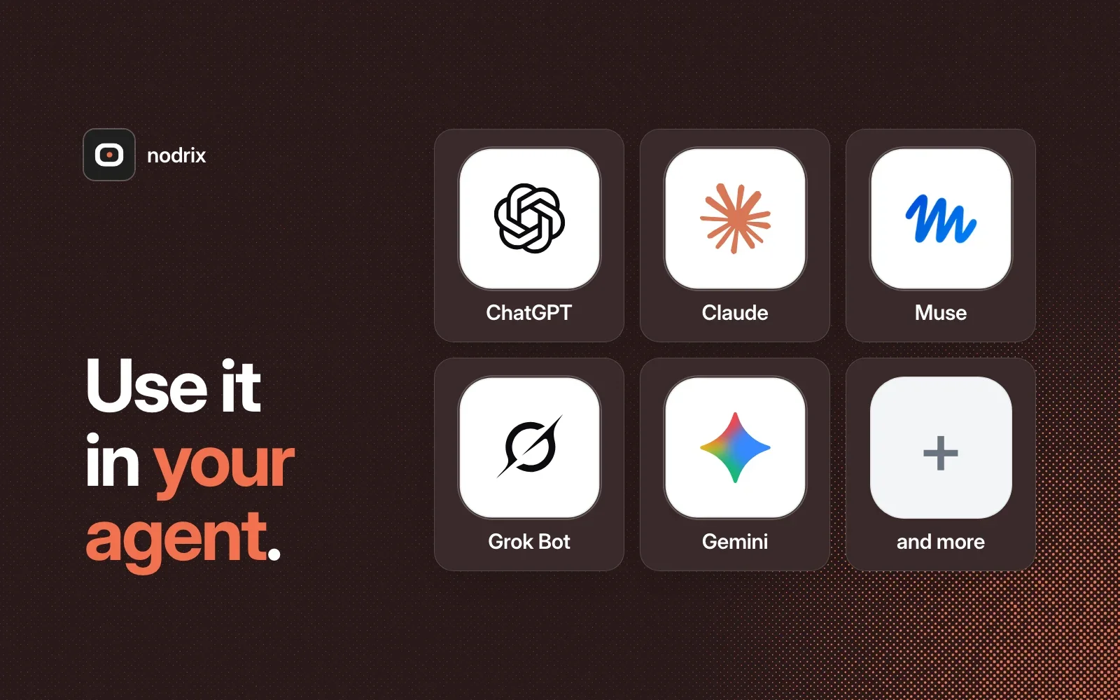 Use nodrix in your agent: ChatGPT, Claude, Muse, Grok Bot, Gemini and more.