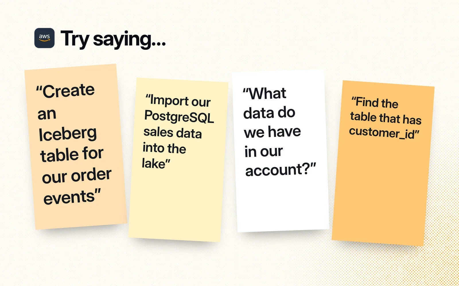 Things to ask it, on sticky notes: create an Iceberg table, import PostgreSQL sales data into the lake, list the data in your account, find the table with customer_id.