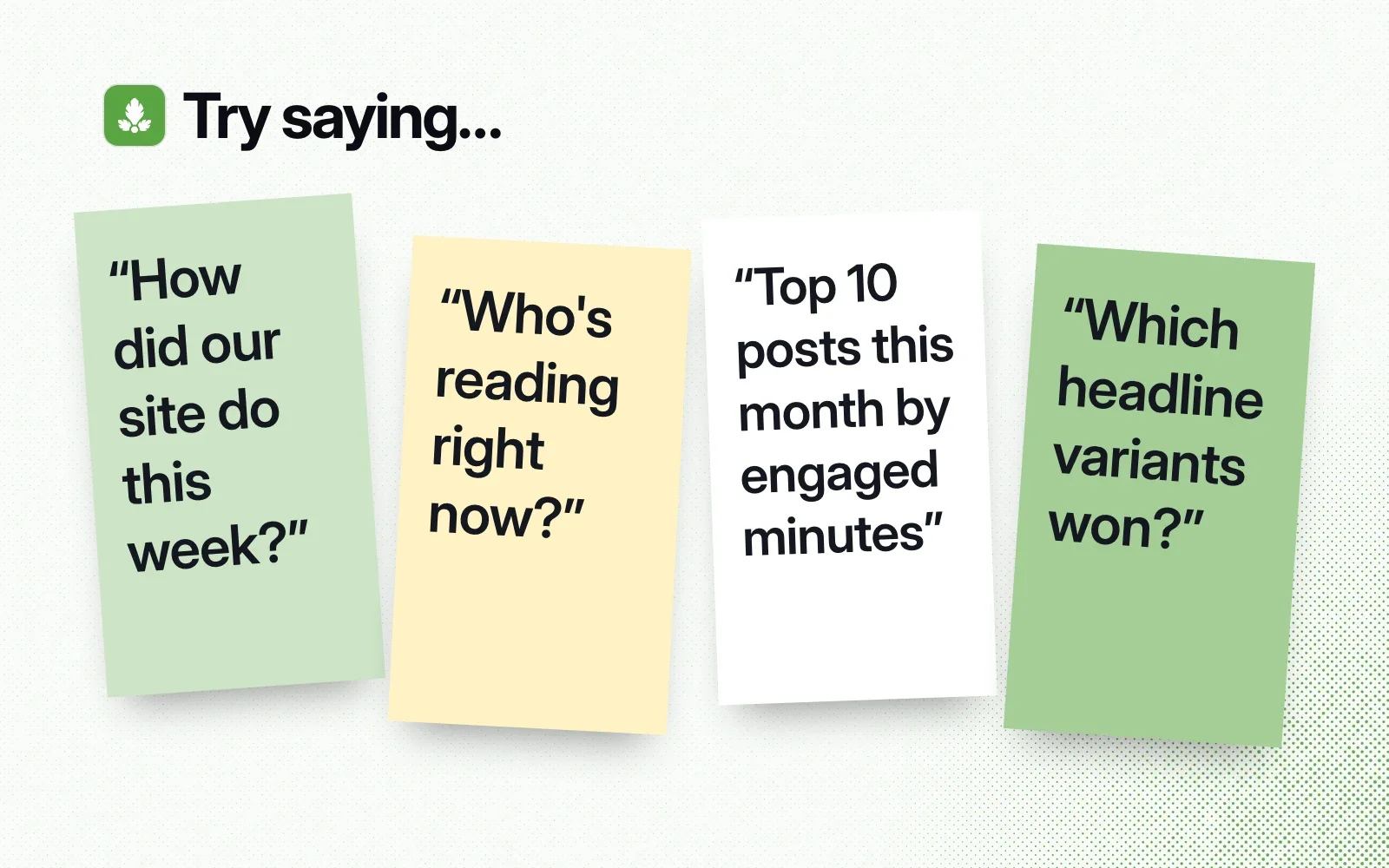 Things to ask it, on sticky notes: how did our site do this week, who's reading right now, top 10 posts this month by engaged minutes, which headline variants won.
