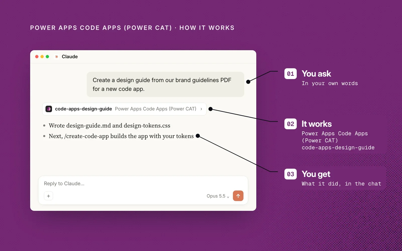 How it works, on an example chat: you ask in your own words, the code-apps-design-guide skill runs, and you get what it did in the chat.