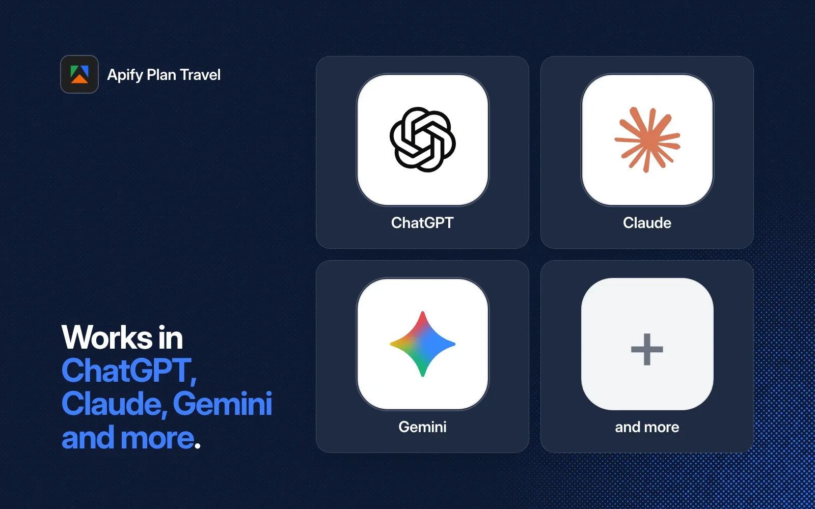 Apify Plan Travel works in ChatGPT, Claude, Gemini and more.