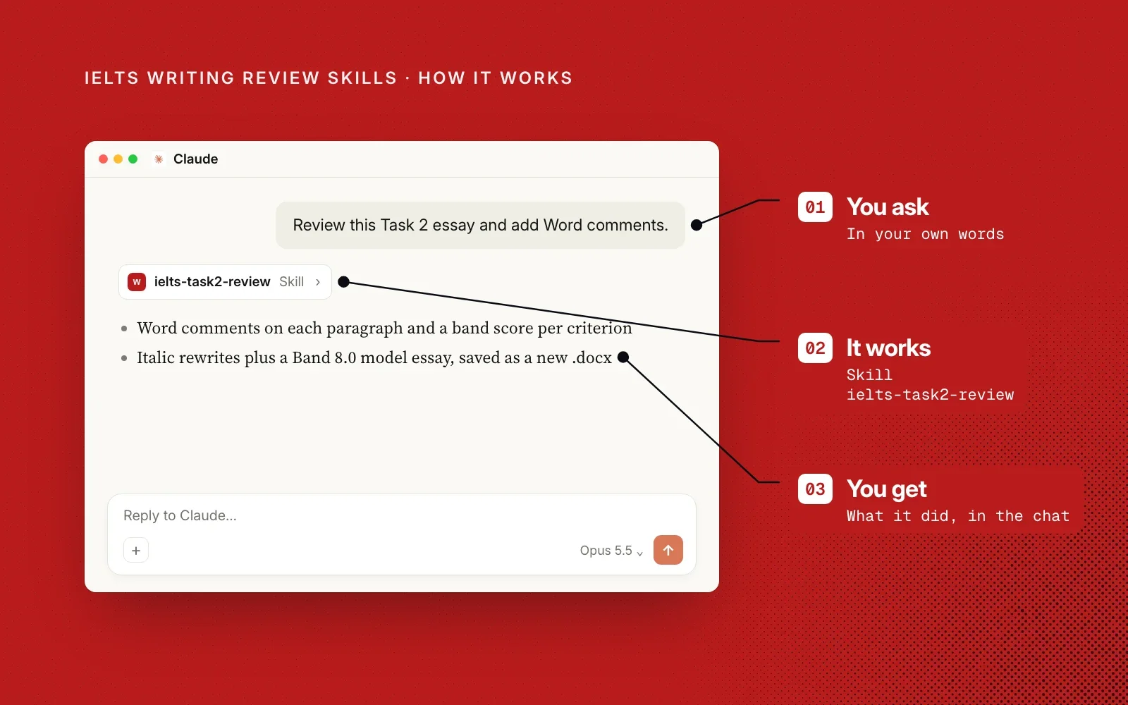 How it works: you ask in your own words, the ielts-task2-review skill runs, and you get what it did in the chat.