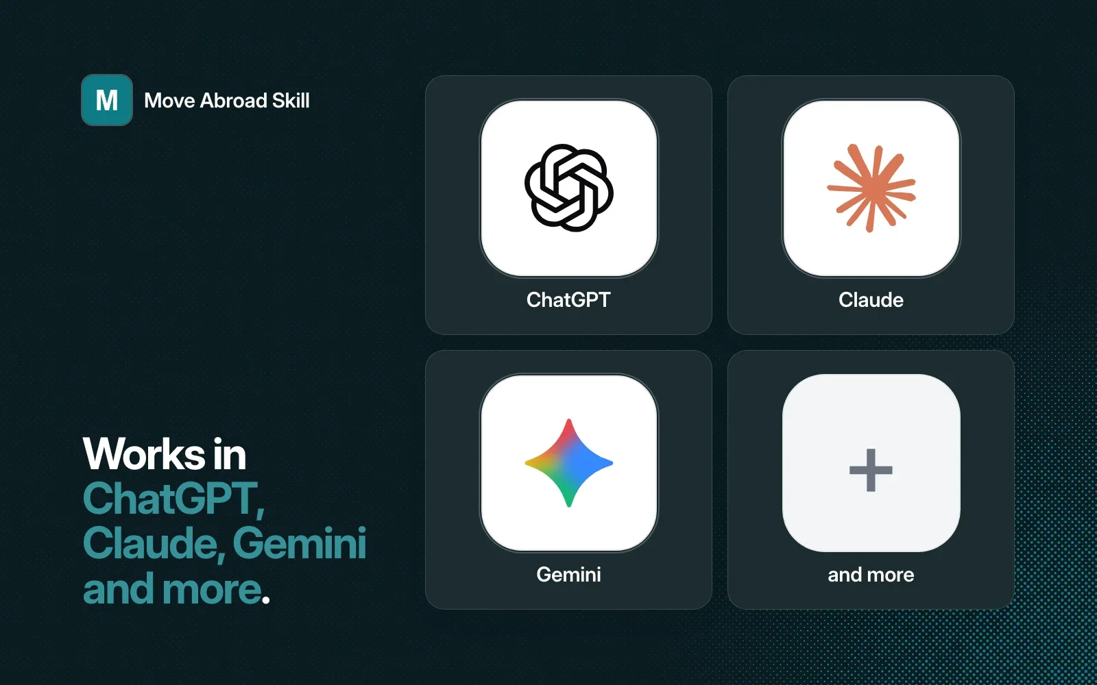 Move Abroad Skill works in ChatGPT, Claude, Gemini and more, shown as agent tiles on a dark background.
