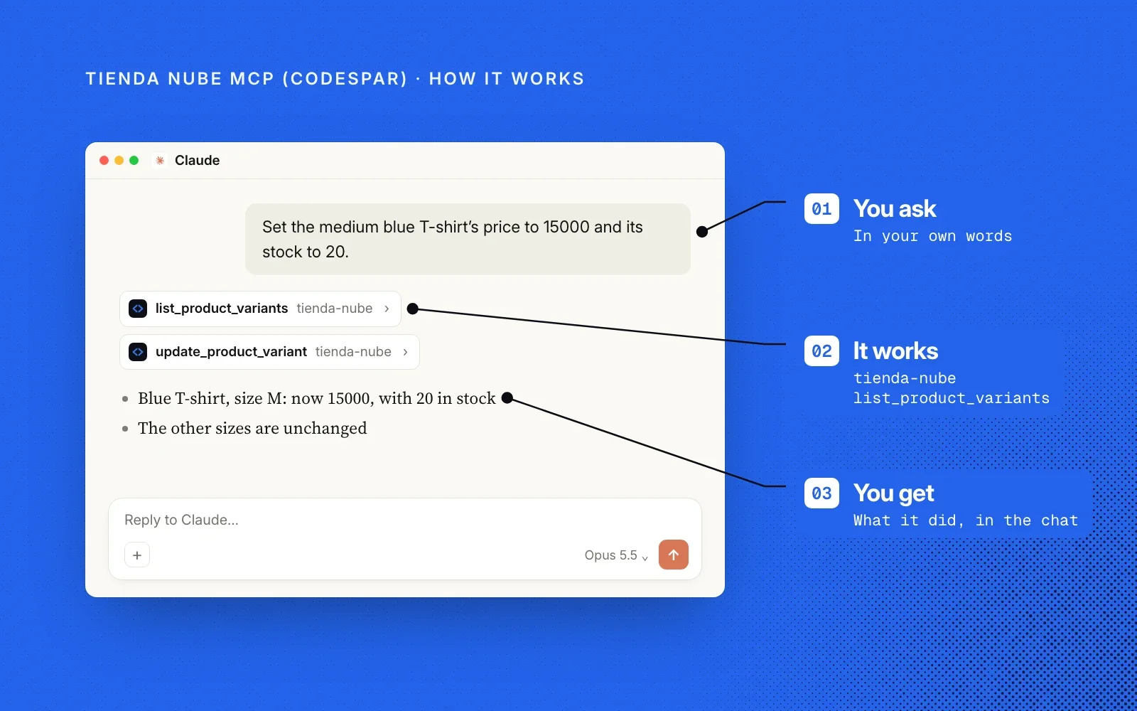 How it works, in an example chat: you ask in your own words, the Tienda Nube MCP's tools update the variant, and you see what it did in the chat.