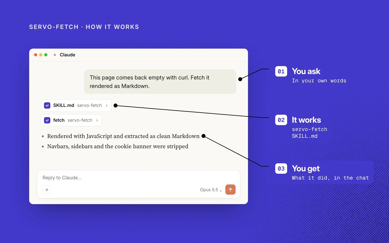 How servo-fetch works: you ask, the agent reads the skill and runs its fetch tool, and you get clean Markdown in the chat