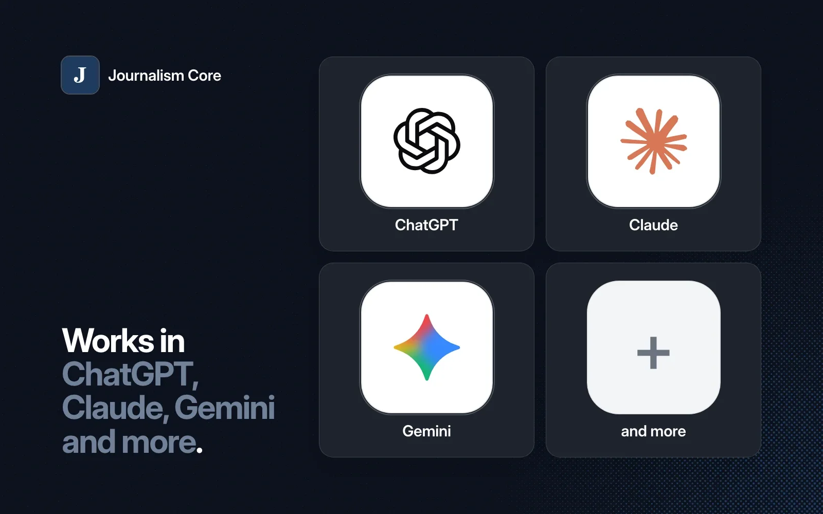 Works in ChatGPT, Claude, Gemini and more, shown as agent tiles beside the Journalism Core icon on a dark background.