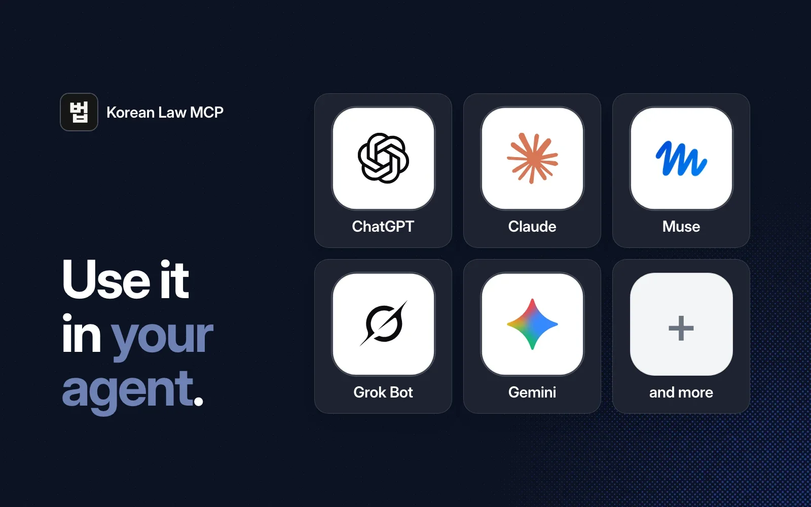 Korean Law MCP works in ChatGPT, Claude, Muse, Grok Bot, Gemini and more agents.