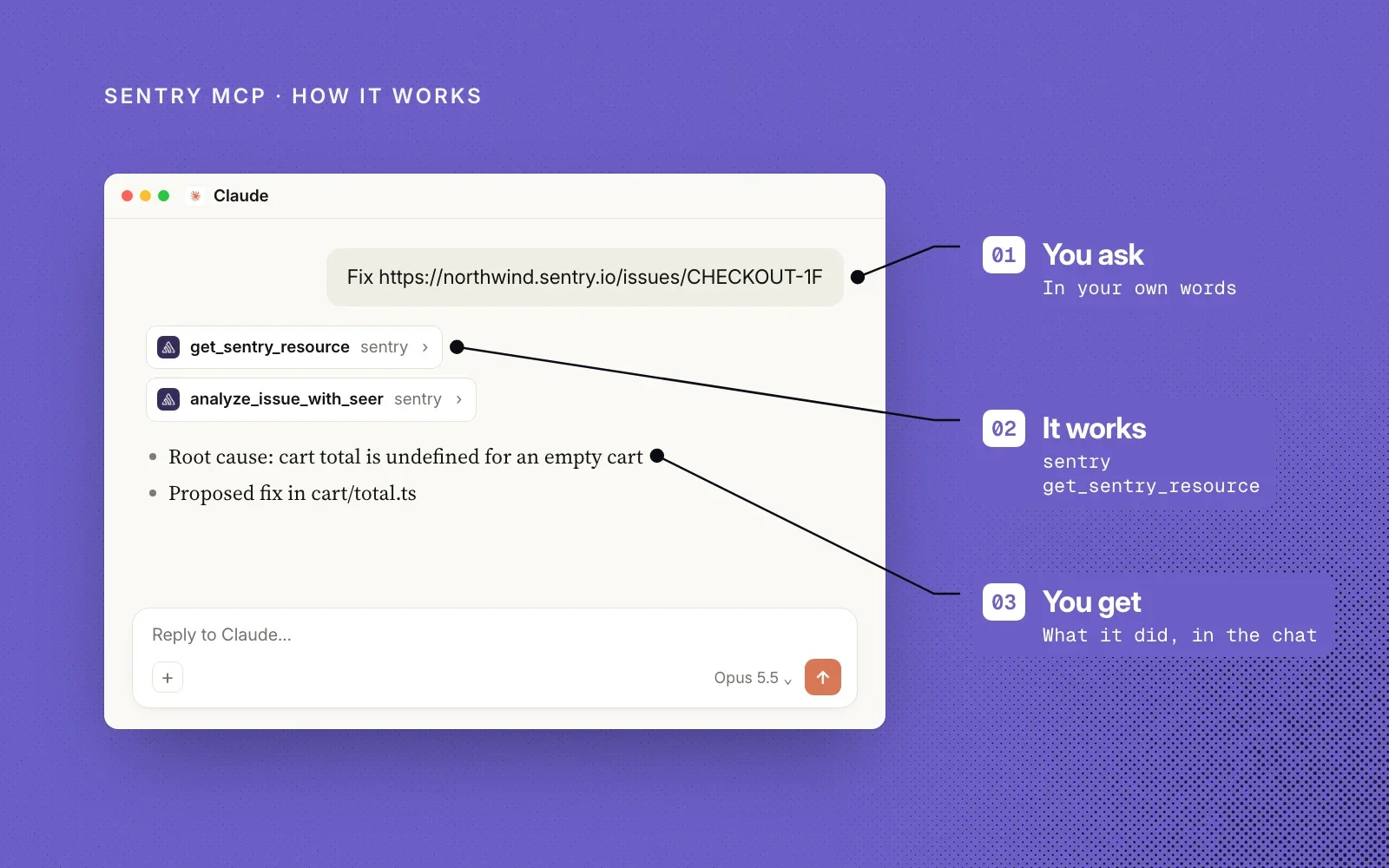 How it works, in an example: you paste a Sentry issue link, Sentry MCP fetches it and asks Seer for the root cause, and you get the answer in the chat.