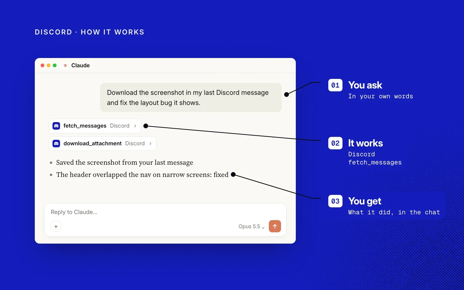 How it works, on an example chat: you ask in your own words, the Discord plugin's fetch_messages tool does the work, and you get what it did in the chat.