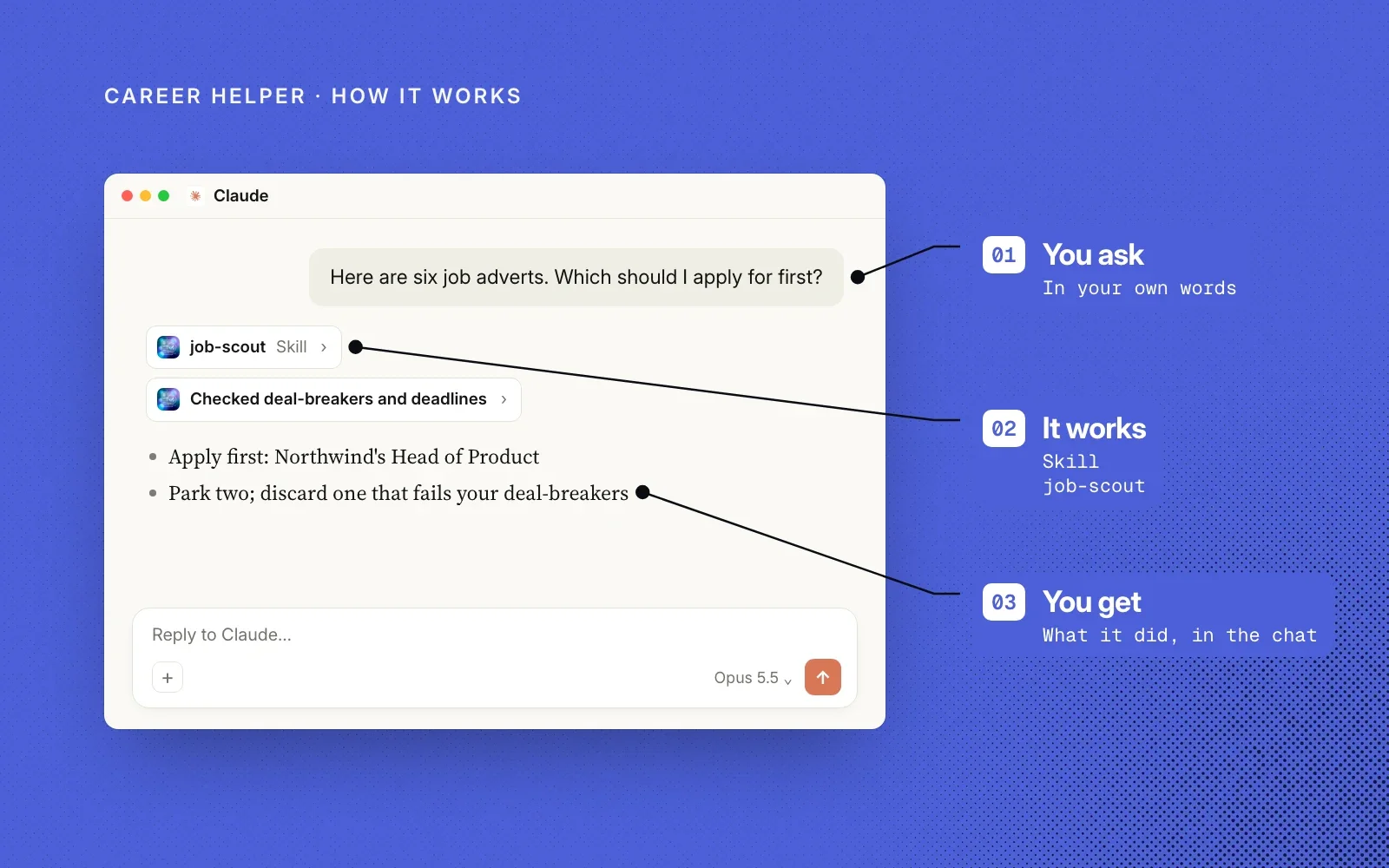 How it works: you ask in your own words, Career Helper's job-scout skill does the work, and you get the result in the chat (an example).