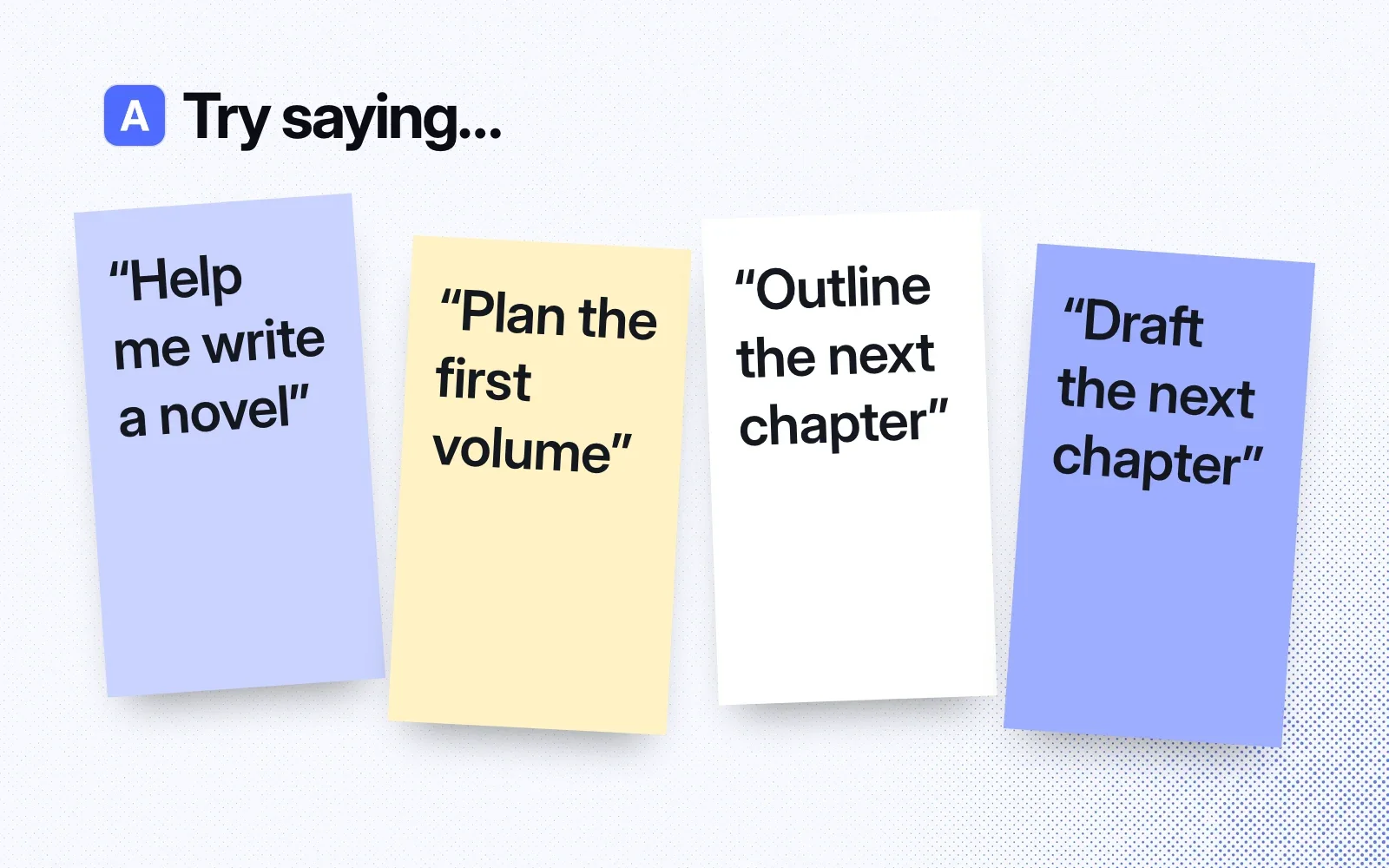 Things to ask it, on sticky notes: help me write a novel, plan the first volume, outline the next chapter, draft the next chapter.