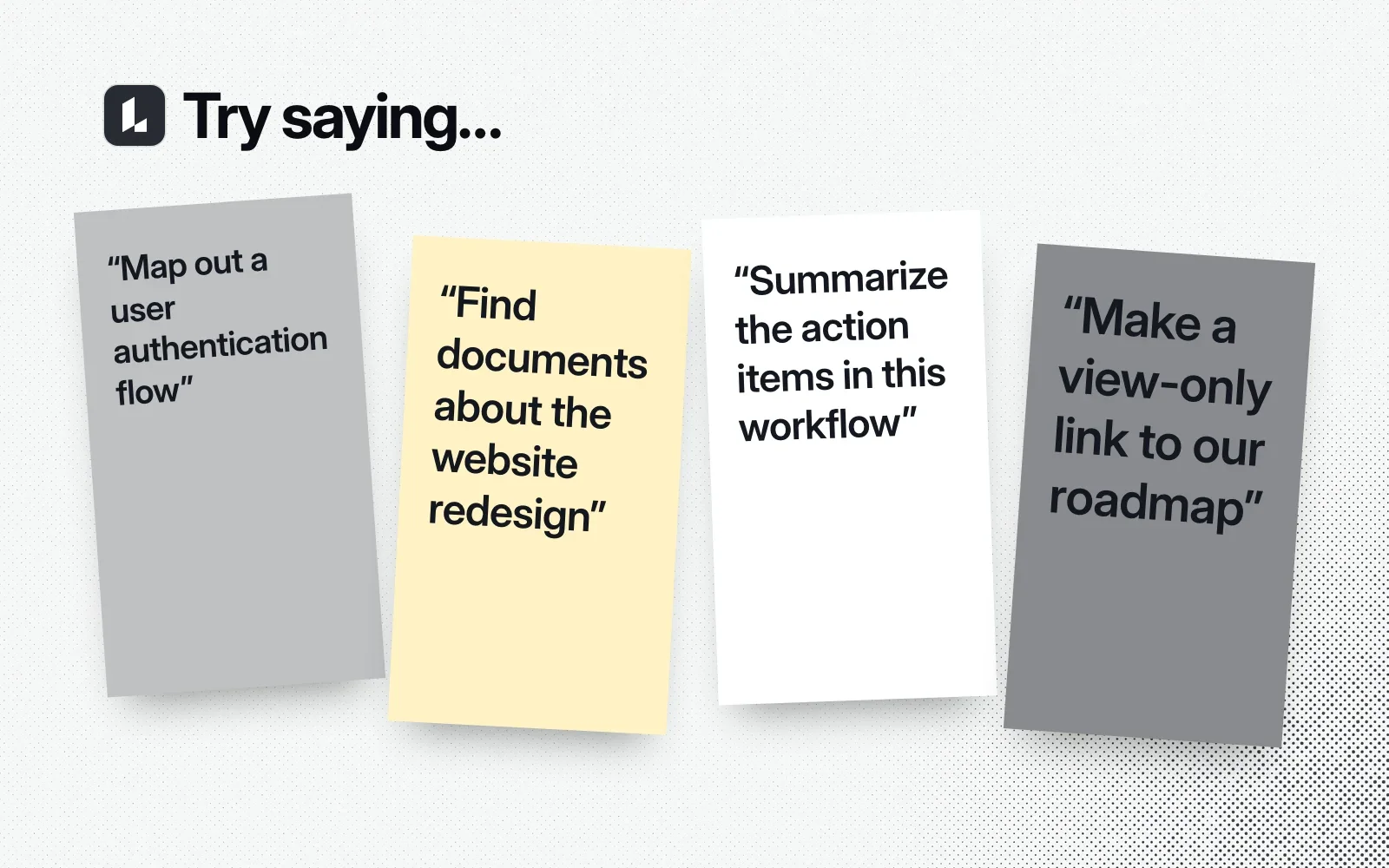 Things to try, on sticky notes: map out a user authentication flow, find documents about the website redesign, summarize action items, make a view-only link.