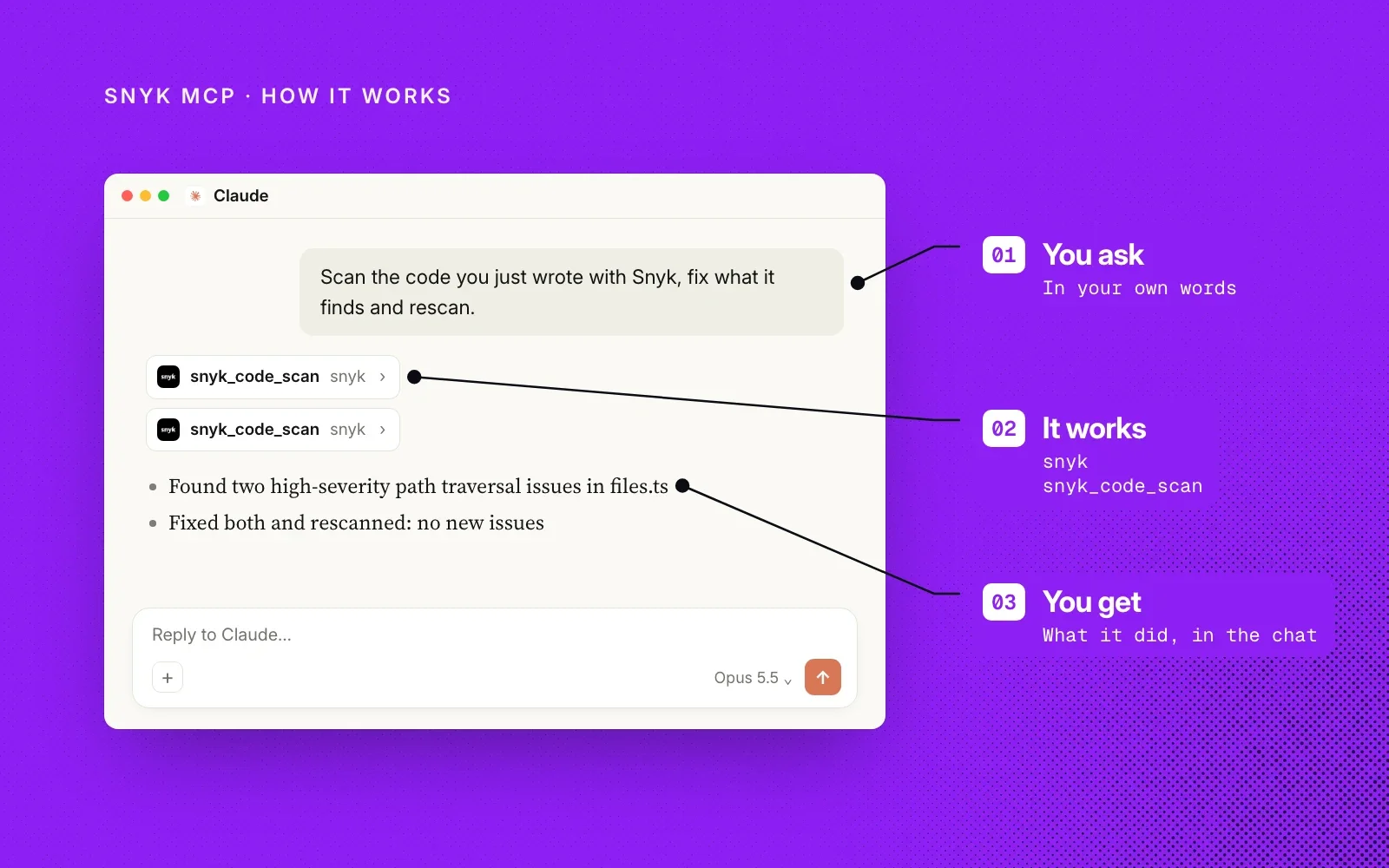 How it works, in an example: you ask in your own words, Snyk MCP runs its code scan, and you see what it found and fixed in the chat.