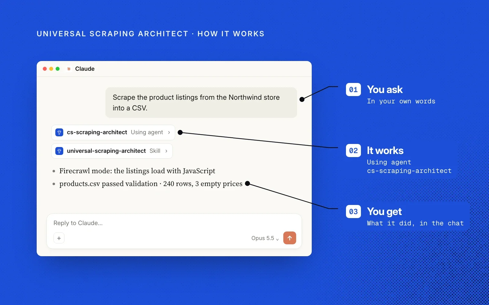 How it works, on blue: you ask in your own words, the cs-scraping-architect agent works, and you get what it did in the chat.