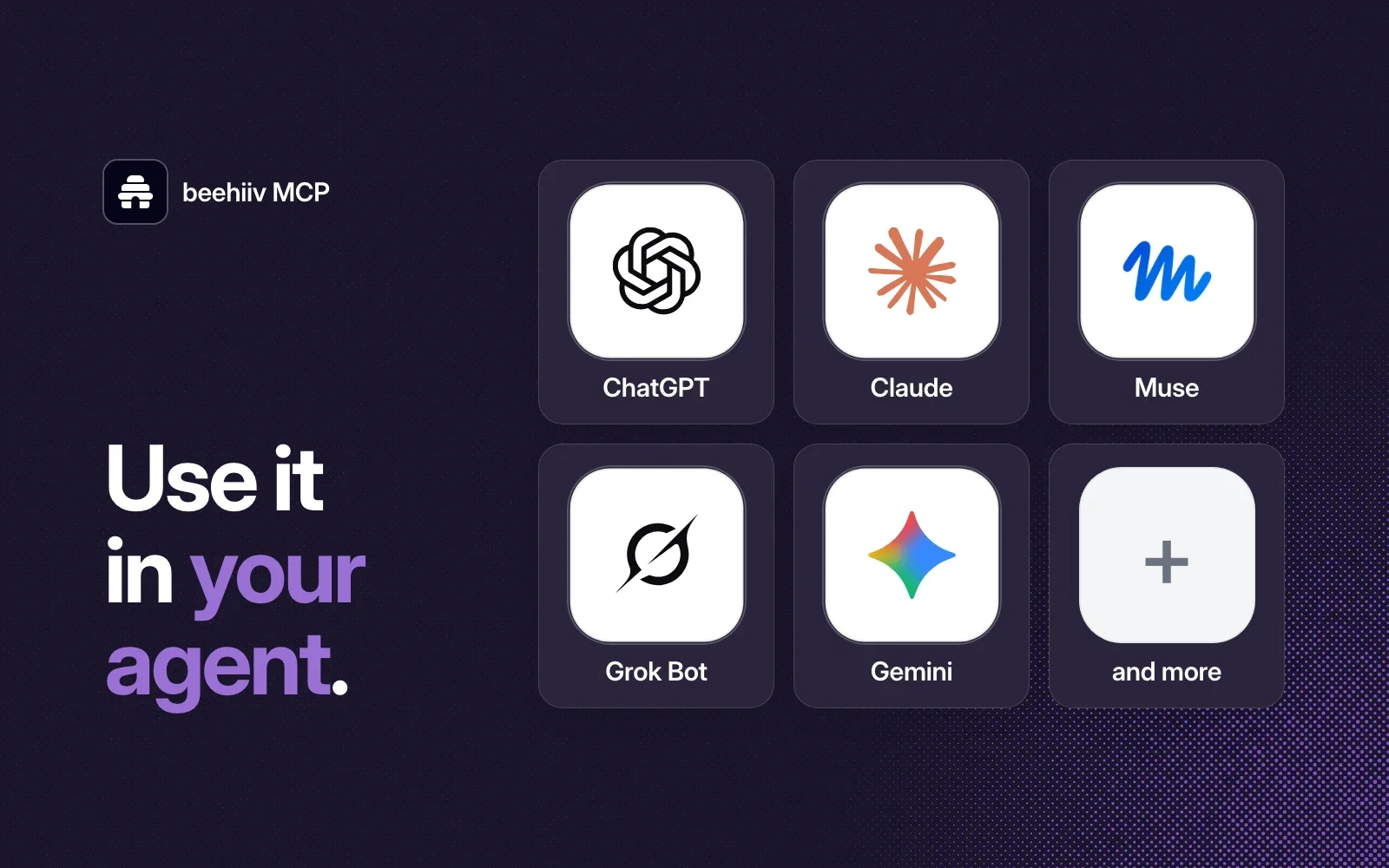 Use it in your agent: ChatGPT, Claude, Muse, Grok Bot, Gemini and more.