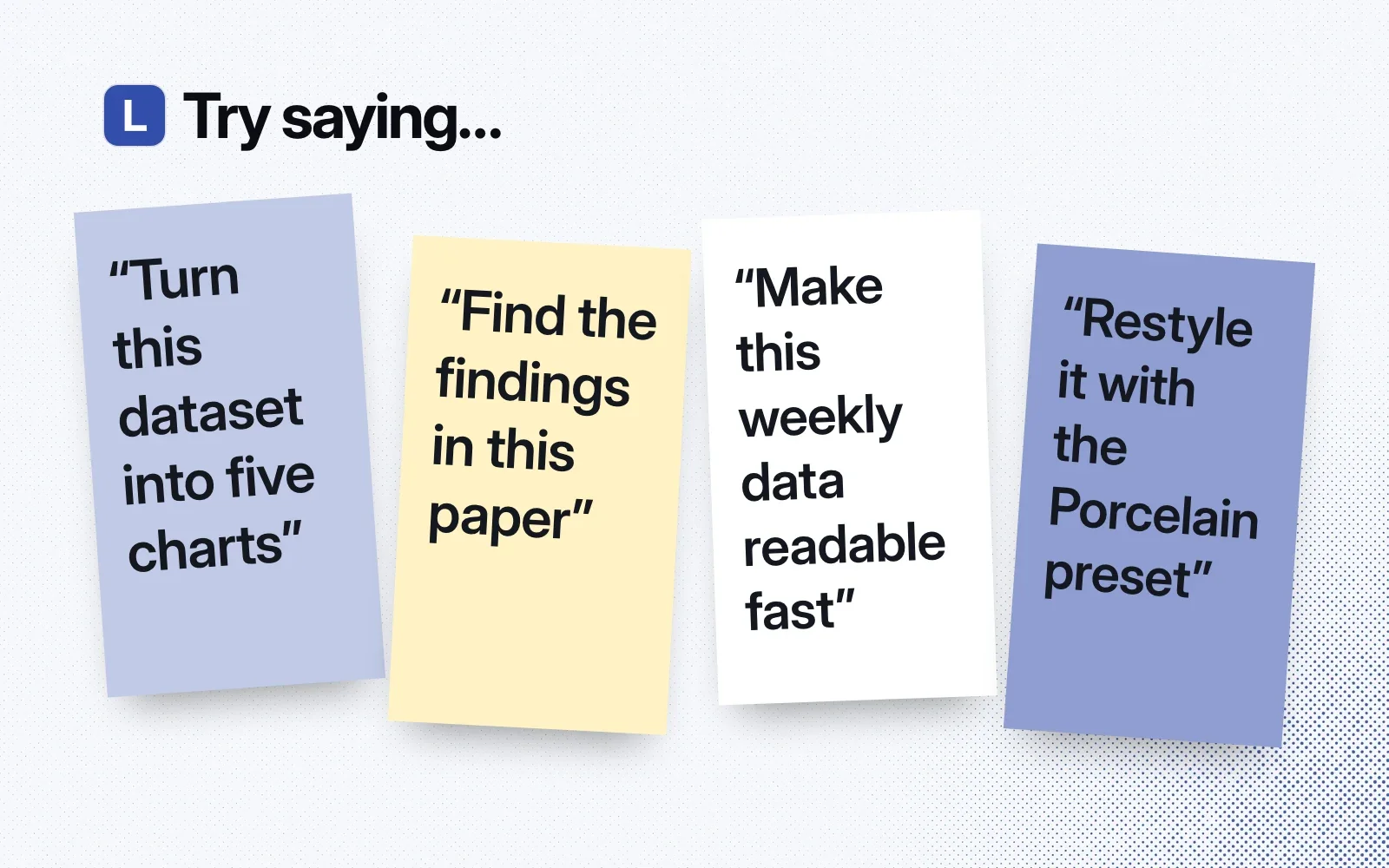 Things to ask it, on sticky notes: turn this dataset into five charts, find the findings in this paper, make this weekly data readable fast, restyle it with the Porcelain preset.