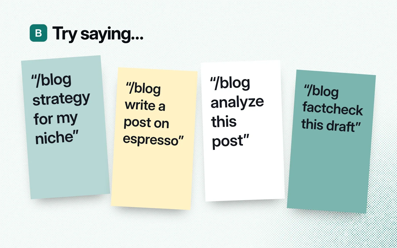 Things to try, on sticky notes: /blog strategy for my niche, /blog write a post on espresso, /blog analyze this post, /blog factcheck this draft.