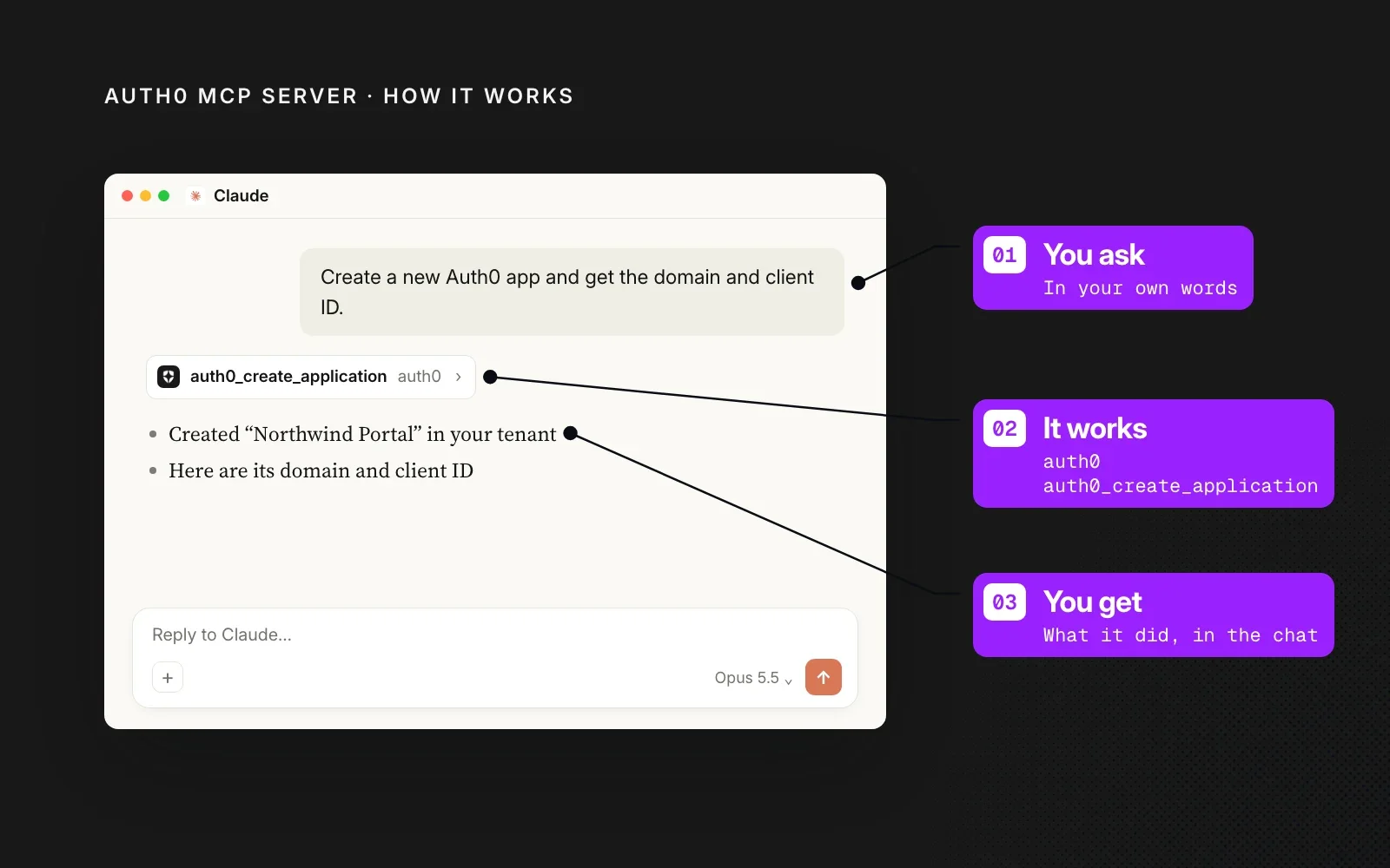 How it works, in an example: you ask in your own words, it calls its create application tool, and you see what it did in the chat.