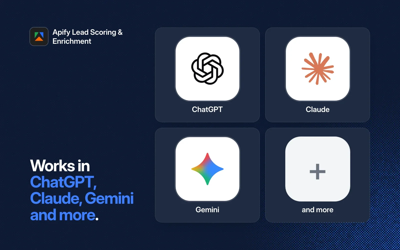 Apify Lead Scoring & Enrichment works in ChatGPT, Claude, Gemini and more.