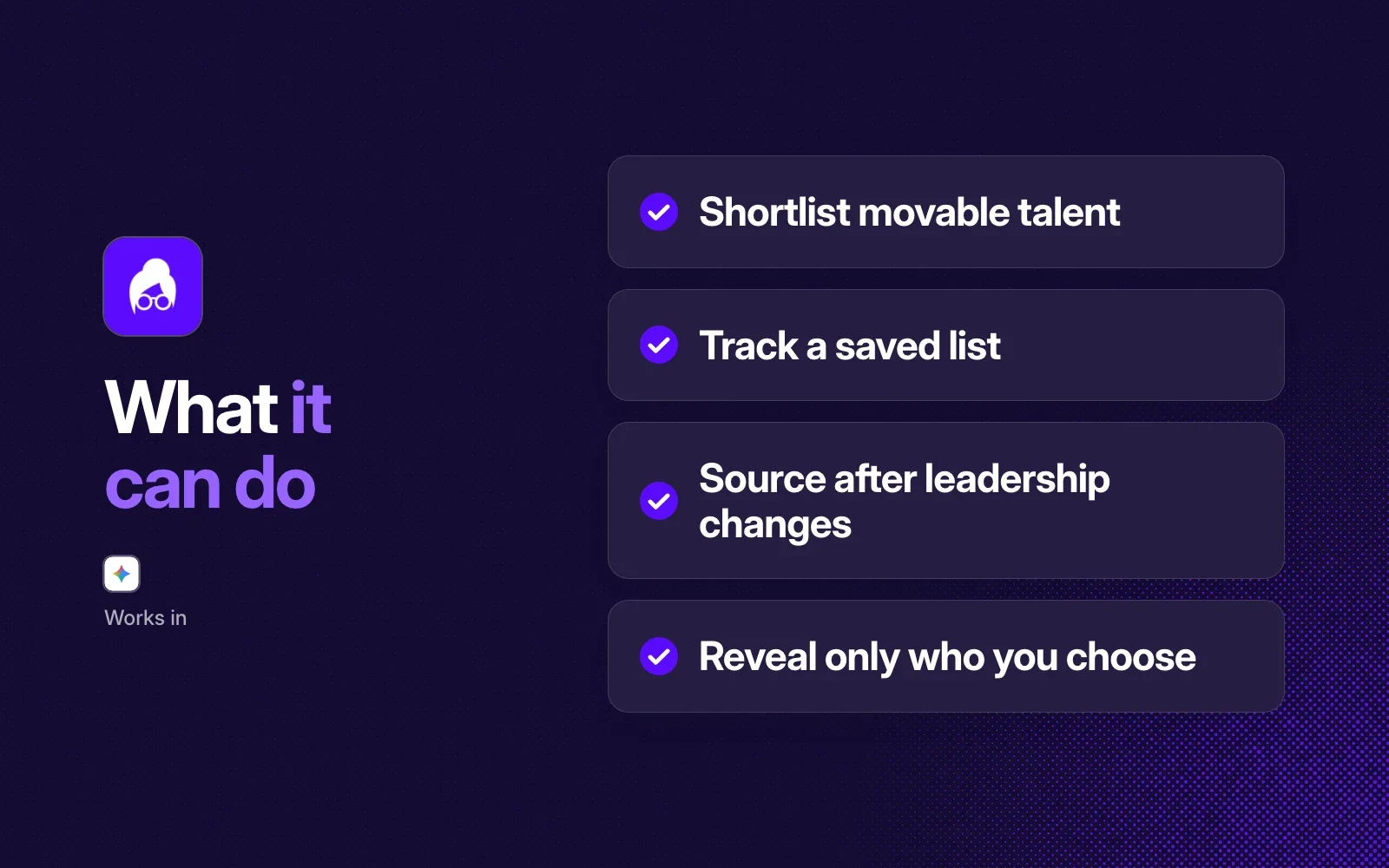 What it can do: shortlist movable talent, track a saved list, source after leadership changes, reveal only who you choose. Works in Gemini CLI.
