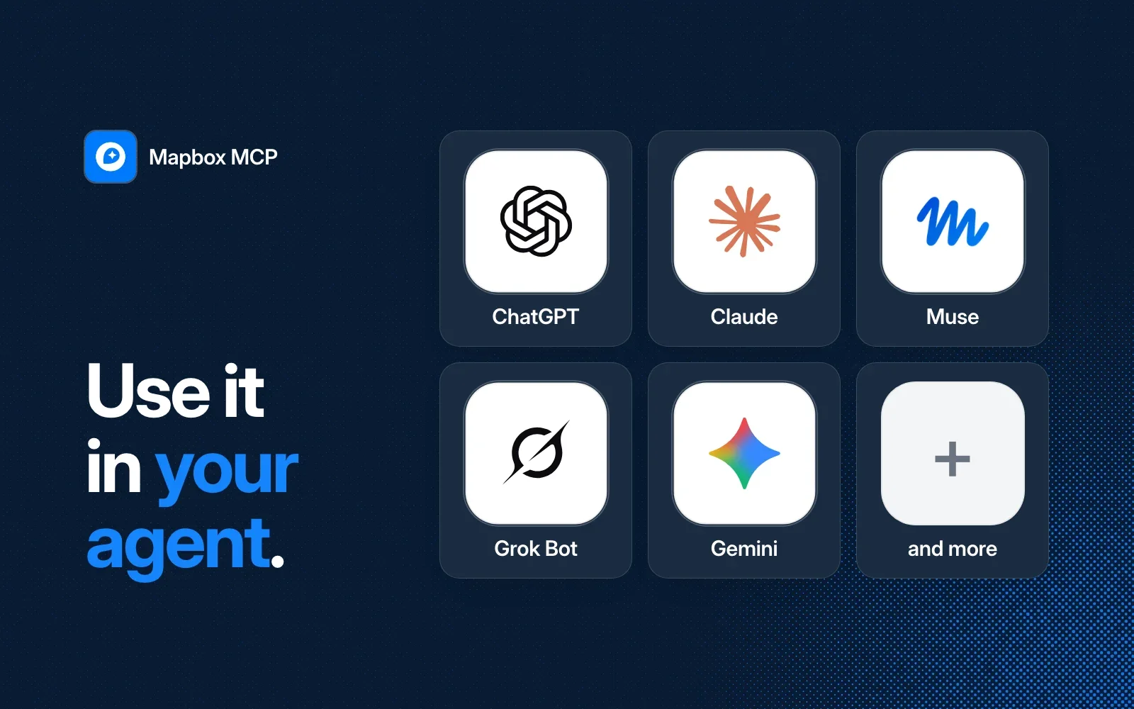 Use it in your agent: ChatGPT, Claude, Muse, Grok Bot, Gemini and more.