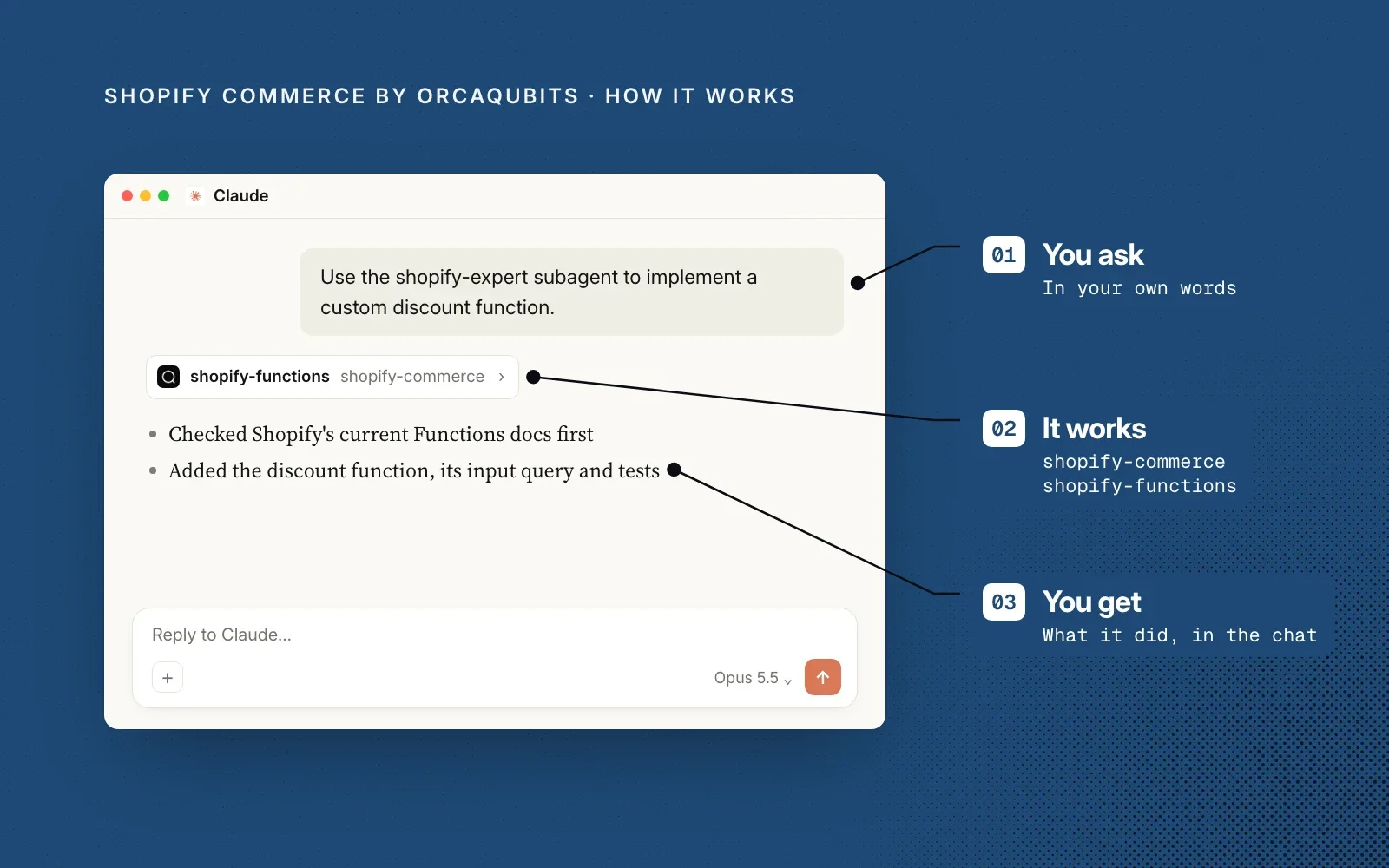 How it works, in an example: you ask in your own words, the agent uses the shopify-functions skill, and you see what it did in the chat.